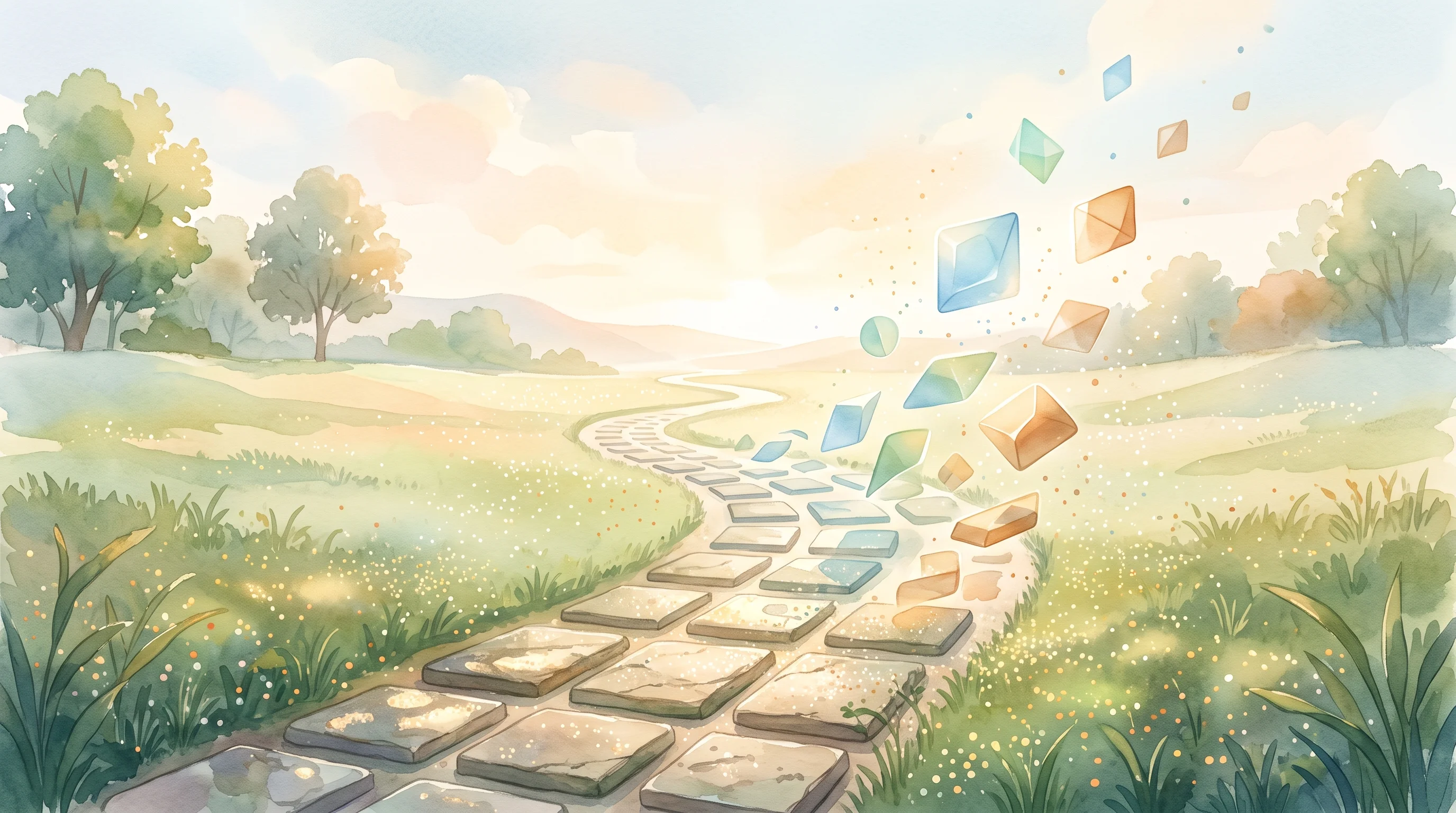Digital illustration for article section "The Road Ahead" in "rekursiv.ai Slashes AI Research Costs 10,000x With Self-Improving Agents" - A serene, winding pathway leading toward a soft, distant horizon, symbolizing the road ahead and the...
