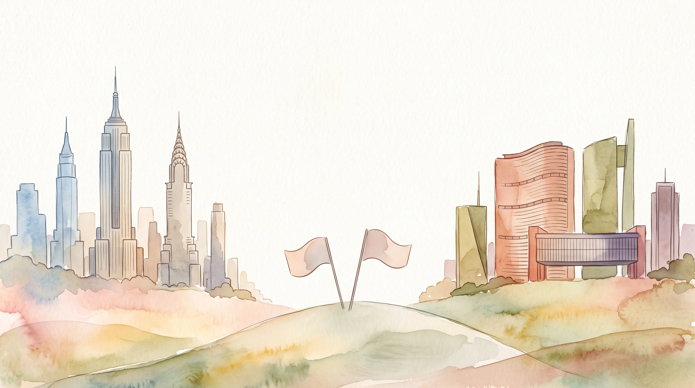 Digital illustration for article section "Planting Flags in New York and São Paulo" in "Passionfroot Raises $15M Series A from Anthropic's Lead Backer" - A conceptual, minimalist watercolor illustration symbolizing global expansion, featuring delicate, h...