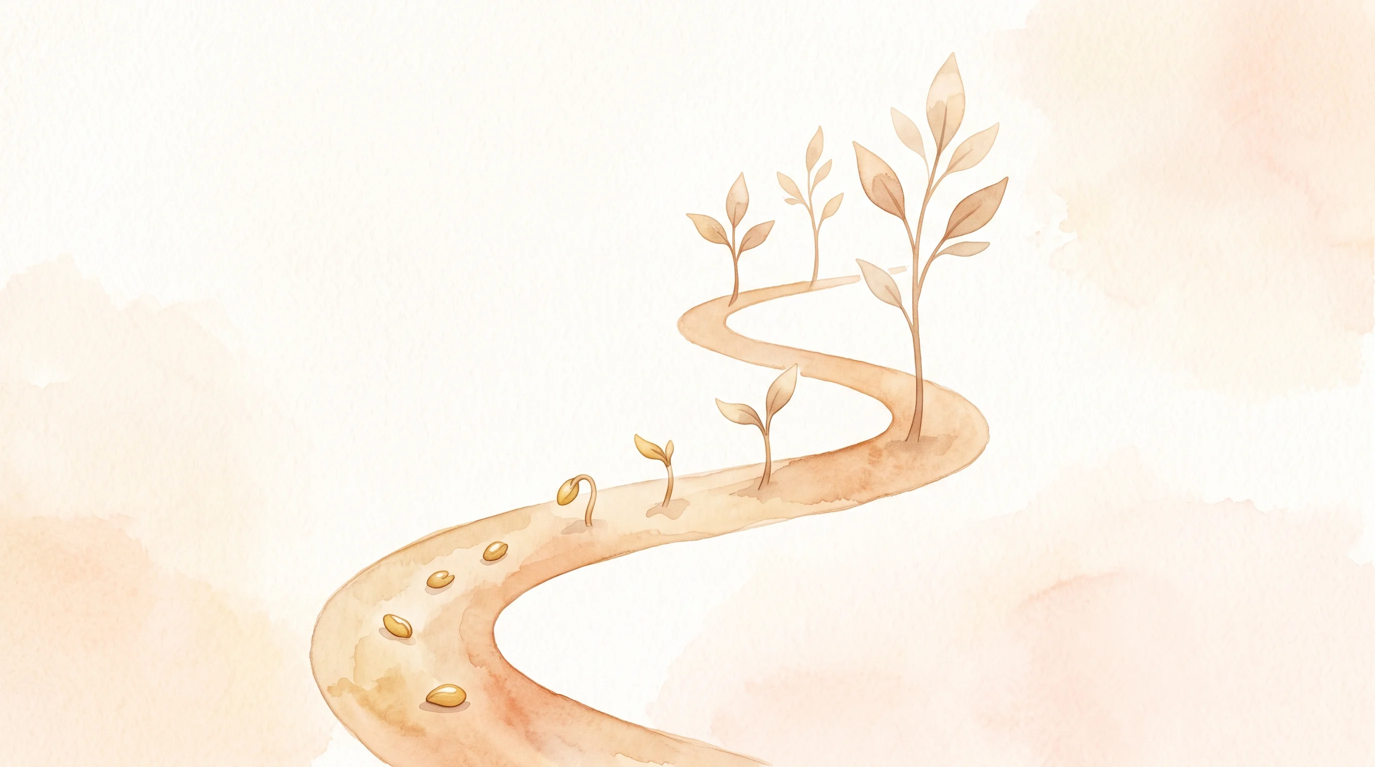 Digital illustration for article section "The Funding Trail" in "Passionfroot Raises $15M Series A from Anthropic's Lead Backer" - A minimalist and conceptual watercolor illustration of a gentle, winding upward path representing a ...