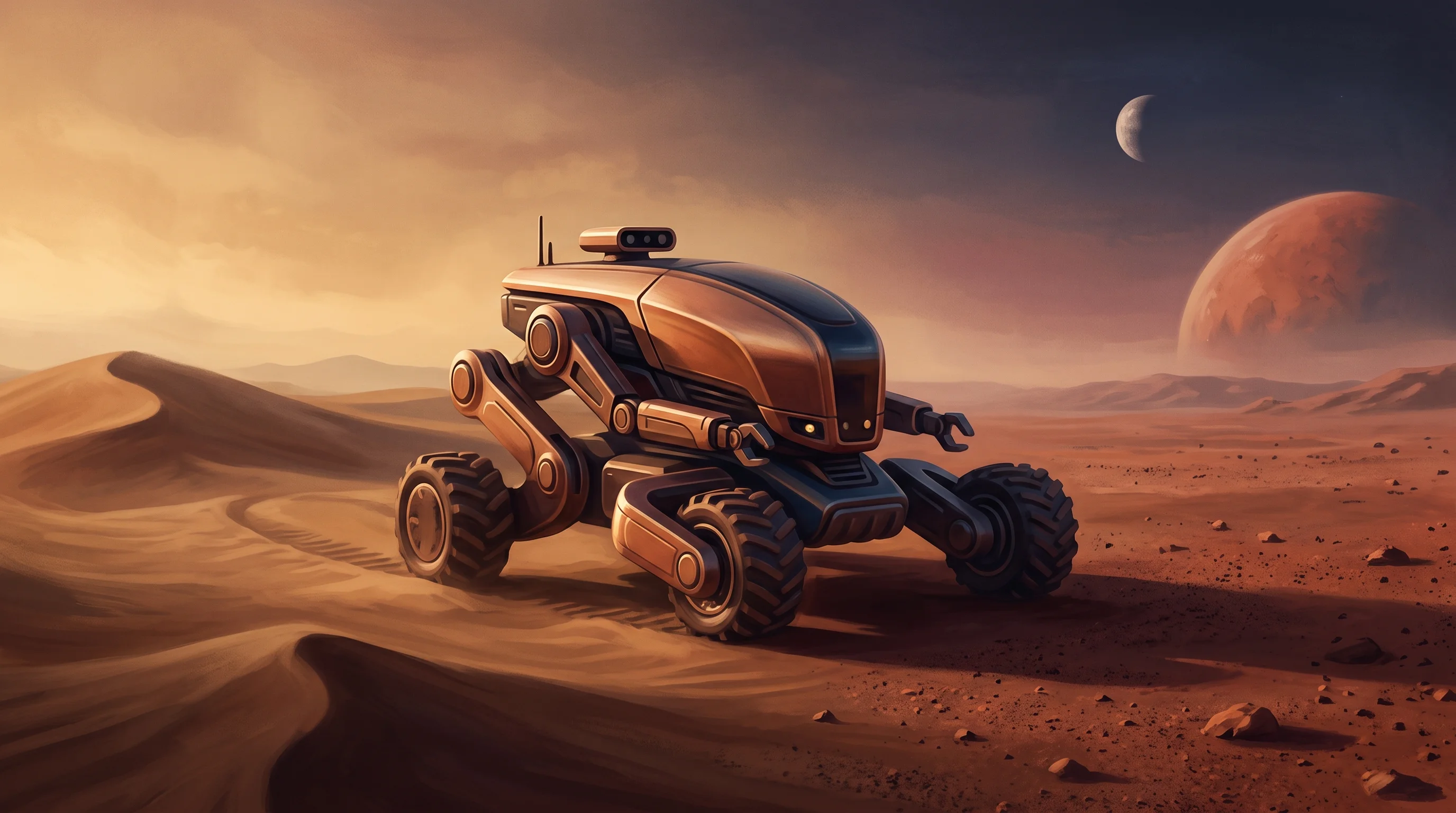 Digital illustration for article section "From Deserts to Dead Moons" in "YC's Cosmic Robotics Doubles Solar Farm Productivity—Then Mars" - A sleek, modern autonomous robotic construction vehicle rests on a sweeping, minimalist landscape th...
