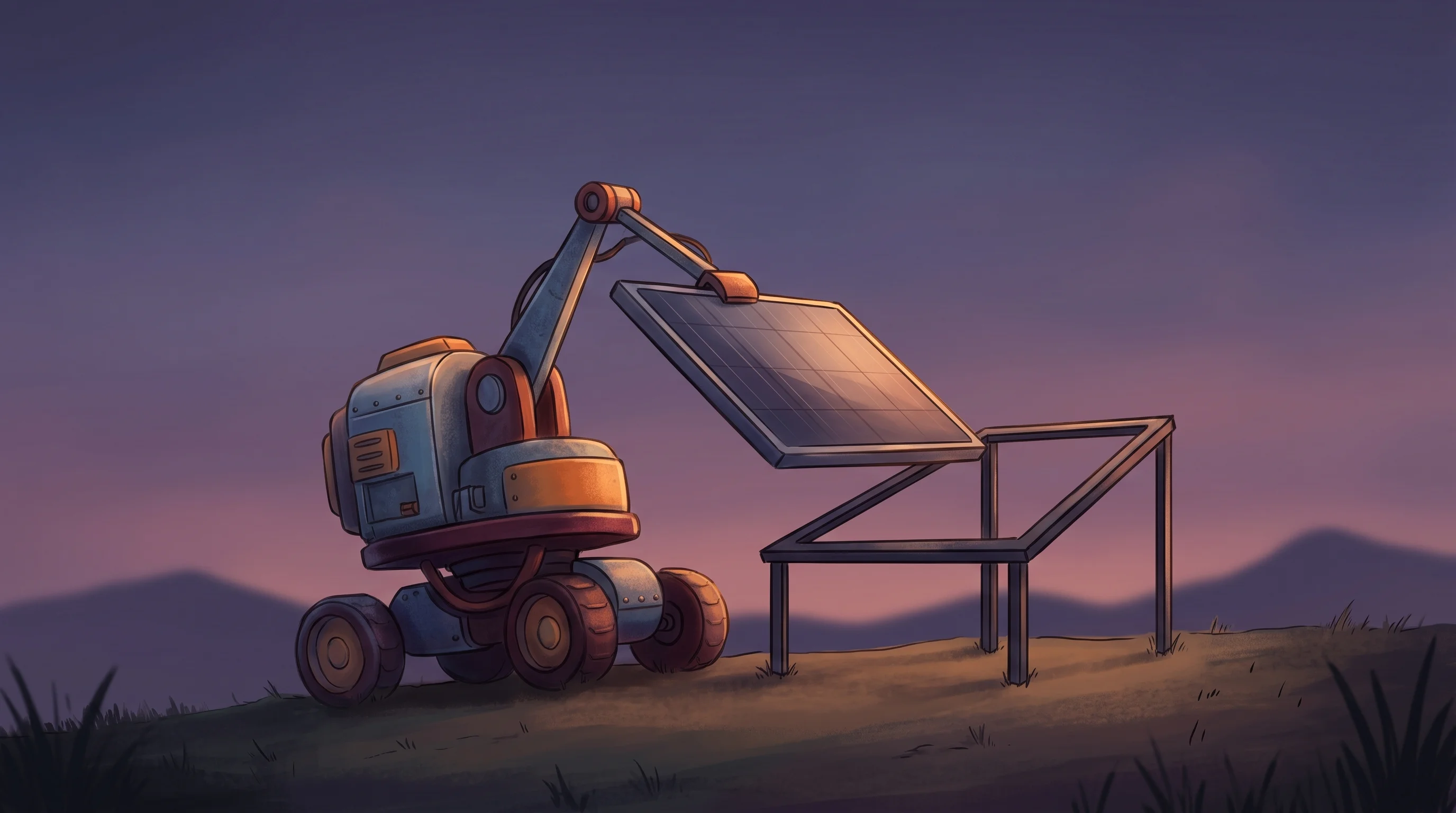 Digital illustration for article section "A Narrow Window in a Crowded Race" in "YC's Cosmic Robotics Doubles Solar Farm Productivity—Then Mars" - A clean, minimal composition featuring a single, stylized automated rover gently placing a sleek sol...