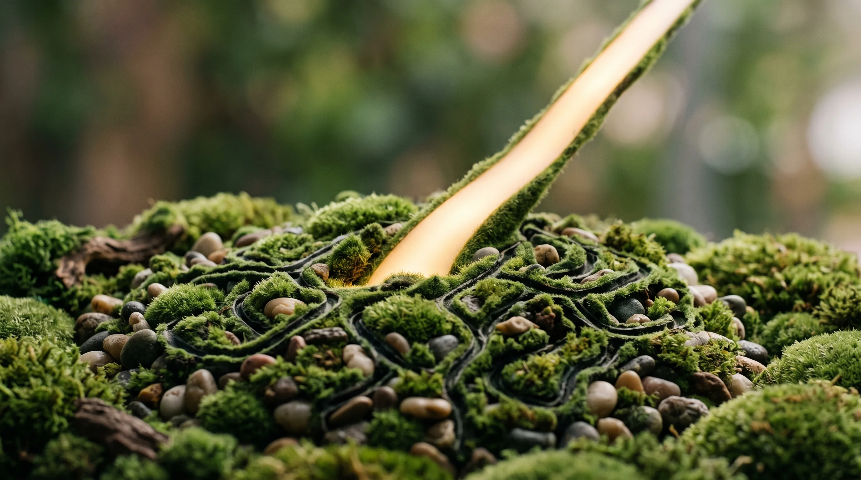 Digital illustration for article section "A Crowded Field, A Different Angle" in "YC's Conifer Cuts AI Costs 80% With Local-First Routing System" - A clean, minimal macro photography shot of a miniature, surreal landscape representing a crowded fie...