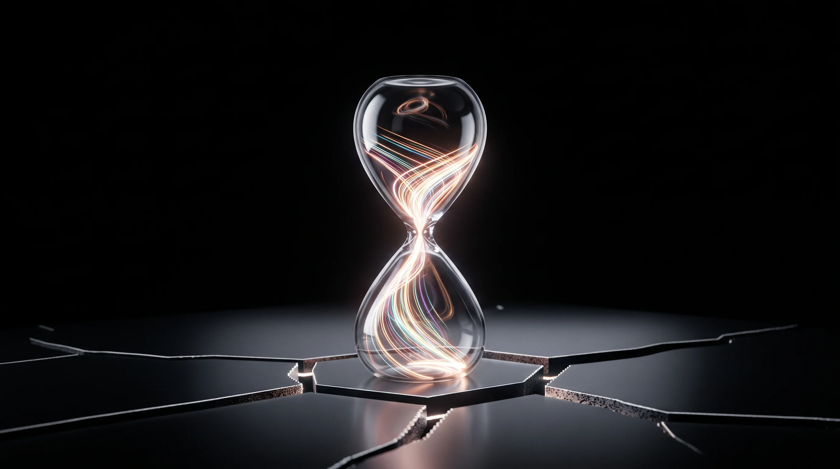 Digital illustration for article section "Timing Is Everything" in "MIT Founders Launch Palette to Unify Fragmented Creative AI Tools" - A conceptual, minimalist hourglass resting on a sleek surface that is actively fracturing into smoot...