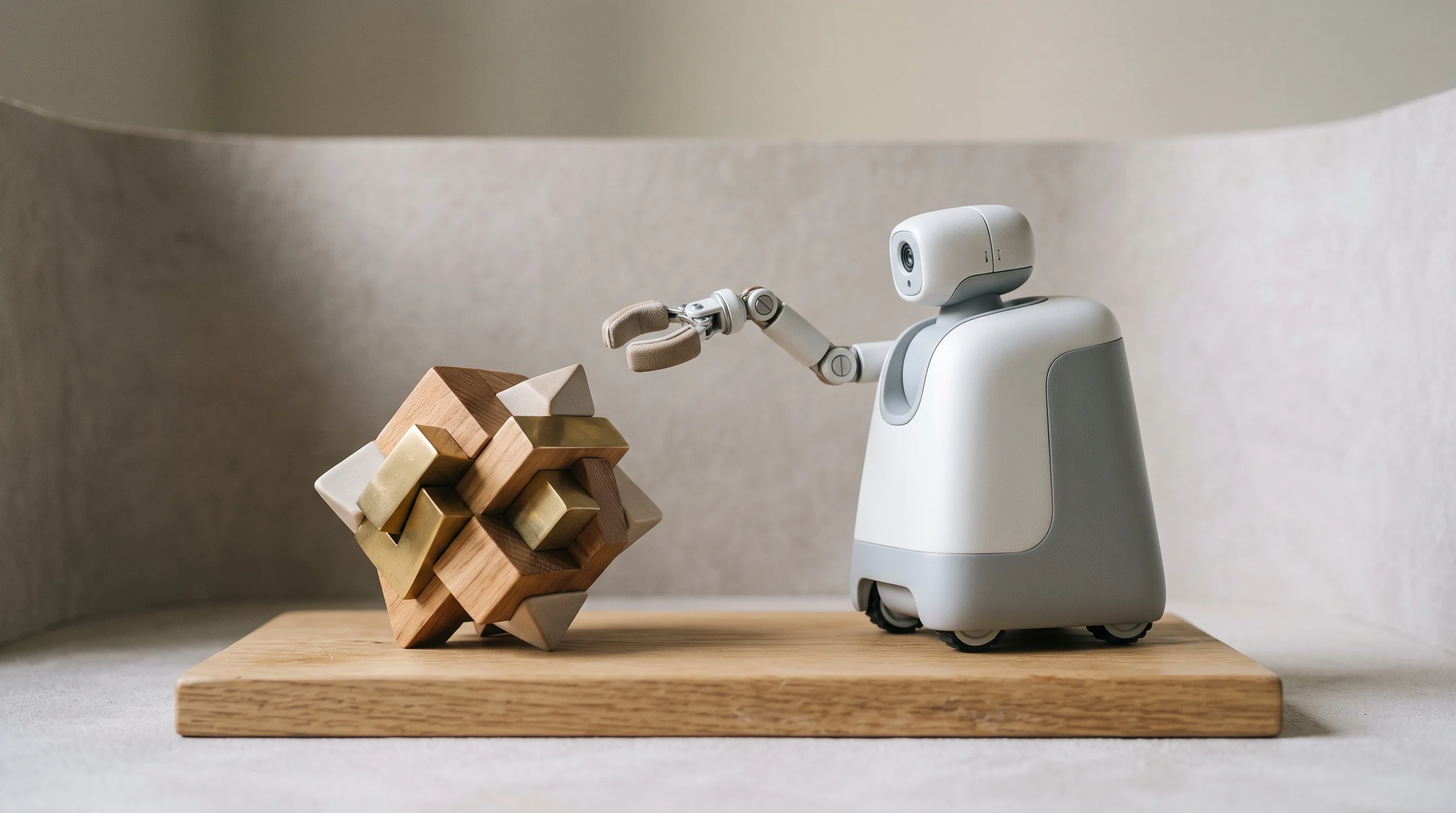 Digital illustration for article section "When Robots Get Stuck" in "YC-Backed Manifold Launches Pay-Per-Pick Warehouse Robots" - A minimalist, modern autonomous robot with a sleek mechanical grasping arm paused in front of an odd...