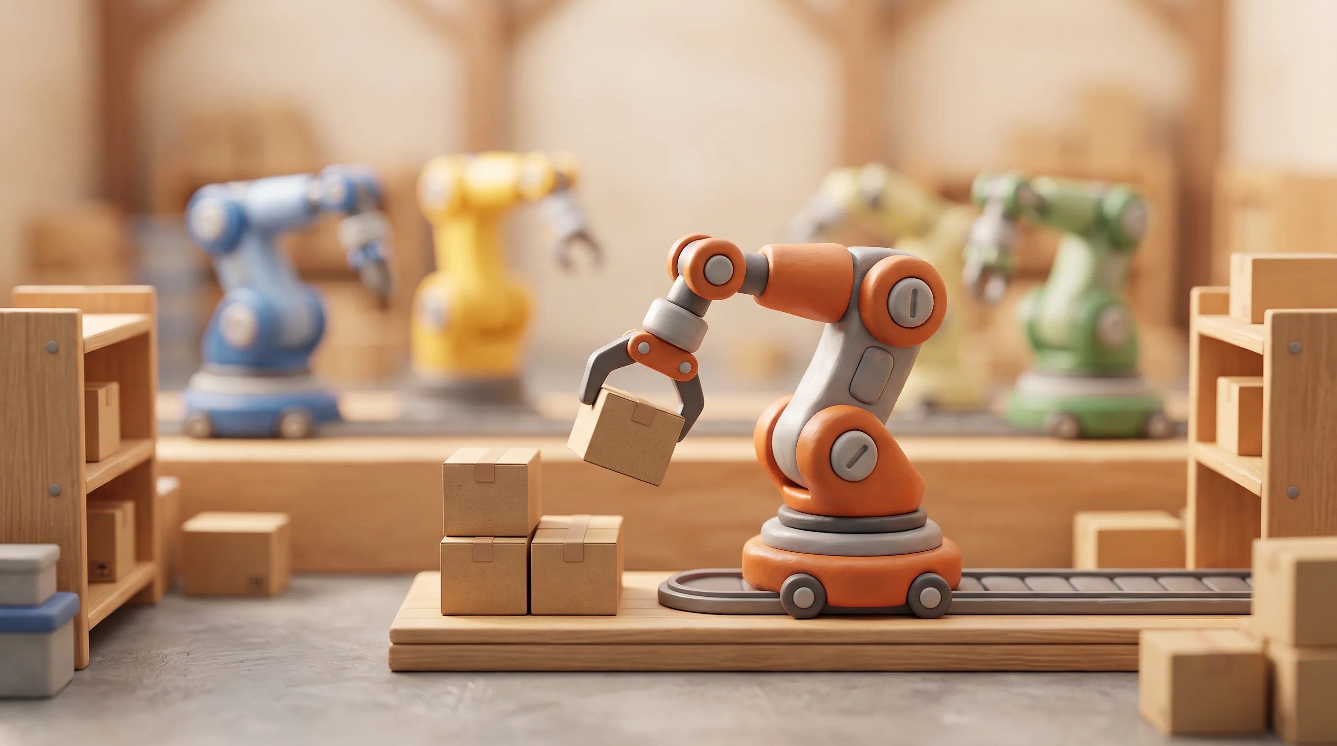 Digital illustration for article section "A Crowded Field" in "YC-Backed Manifold Launches Pay-Per-Pick Warehouse Robots" - A conceptual diorama of a modern warehouse robotics market rendered in a charming 3D miniature carto...