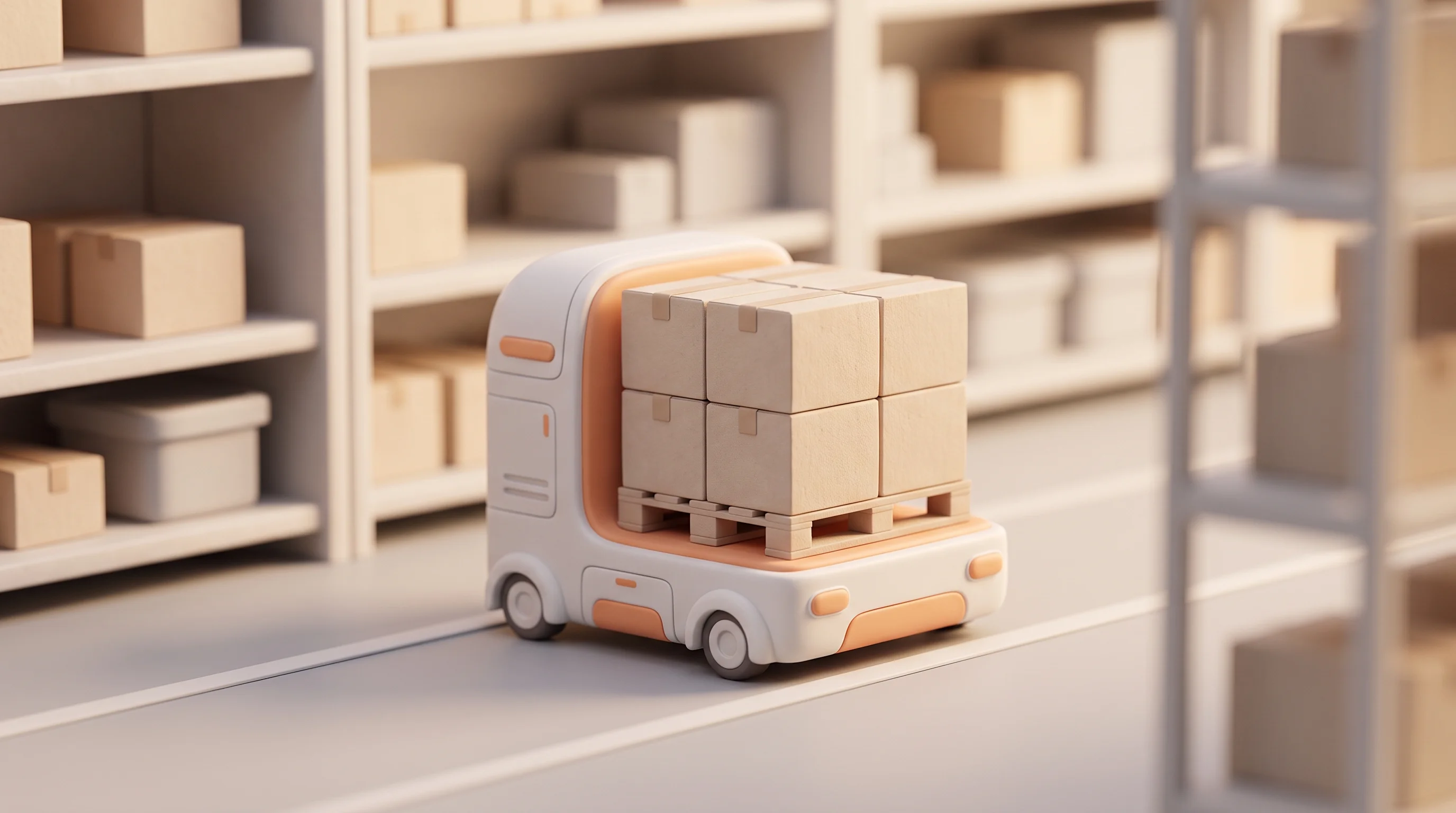 Digital illustration for article section "Timing the Window" in "YC-Backed Manifold Launches Pay-Per-Pick Warehouse Robots" - A clean, minimalist 3D rendering of a futuristic, robot-centric warehouse, focusing on a single, sty...