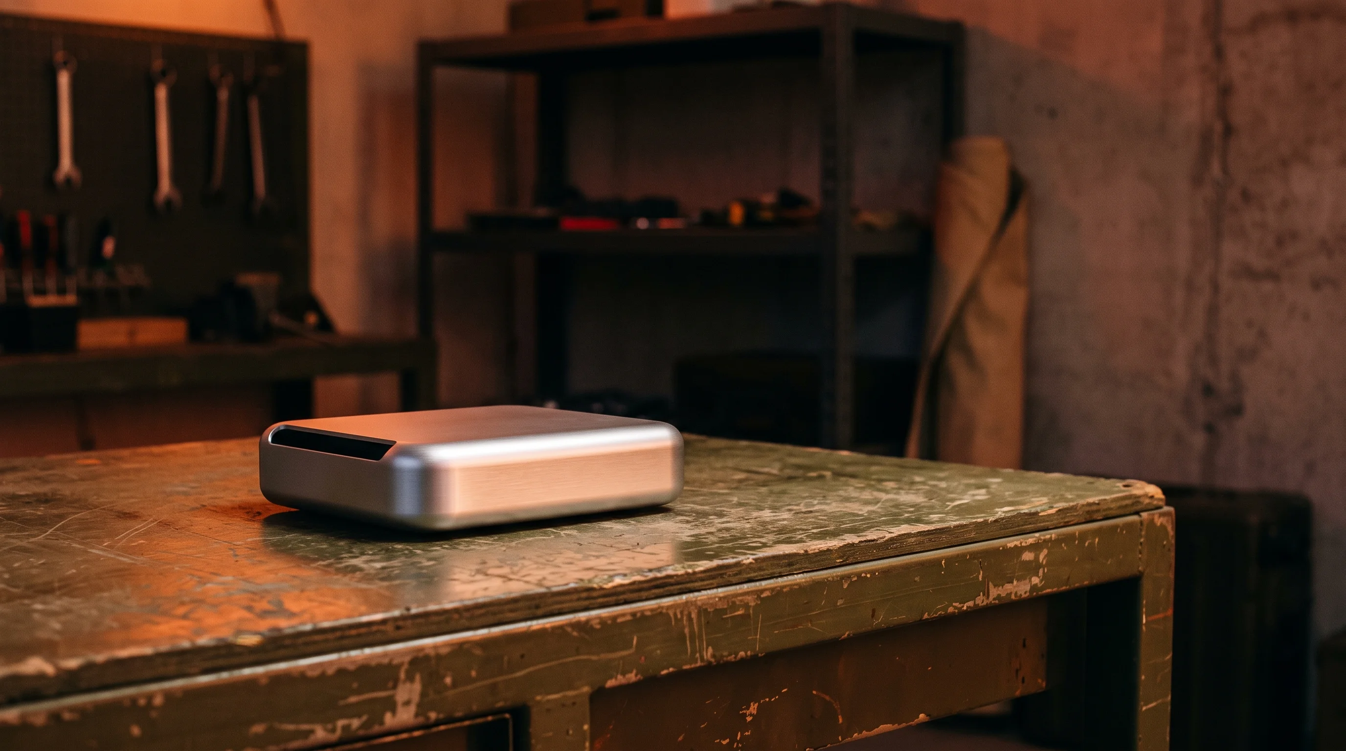 Digital illustration for article section "From Lab to Army Workshop" in "Yaanendriya Raises $1.7M Seed to Build India's Sensor Ecosystem" - A clean, minimal composition featuring a sleek, modern metallic hardware prototype resting on a rugg...