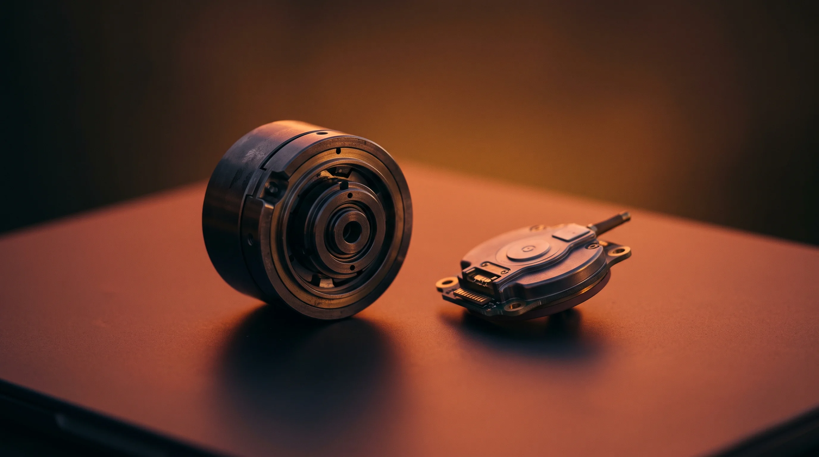 Digital illustration for article section "What Comes Next" in "Yaanendriya Raises $1.7M Seed to Build India's Sensor Ecosystem" - A minimalist, conceptual close-up of a sleek, high-precision inertial gyroscope and modern satellite...