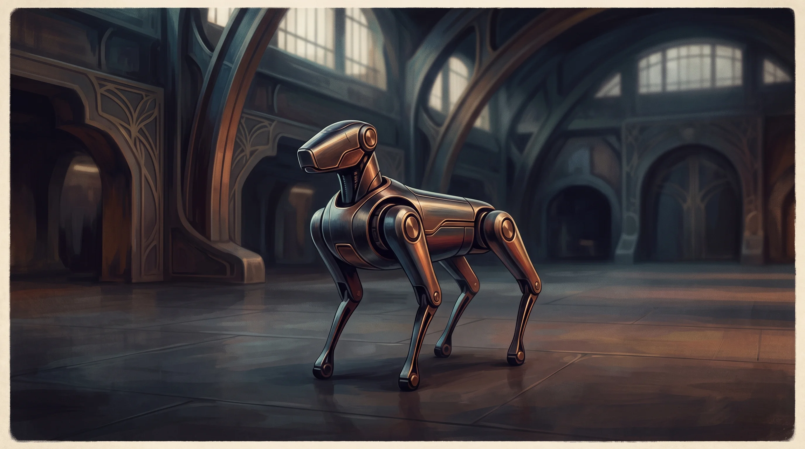 Digital illustration for article section "A Market That Bought Hardware Without a Plan" in "YC's Salem Robotics Launches Autonomous Software for Nuclear Inspections" - A sleek, modern quadruped robotic dog standing stationary in the center of a pristine, cavernous ind...