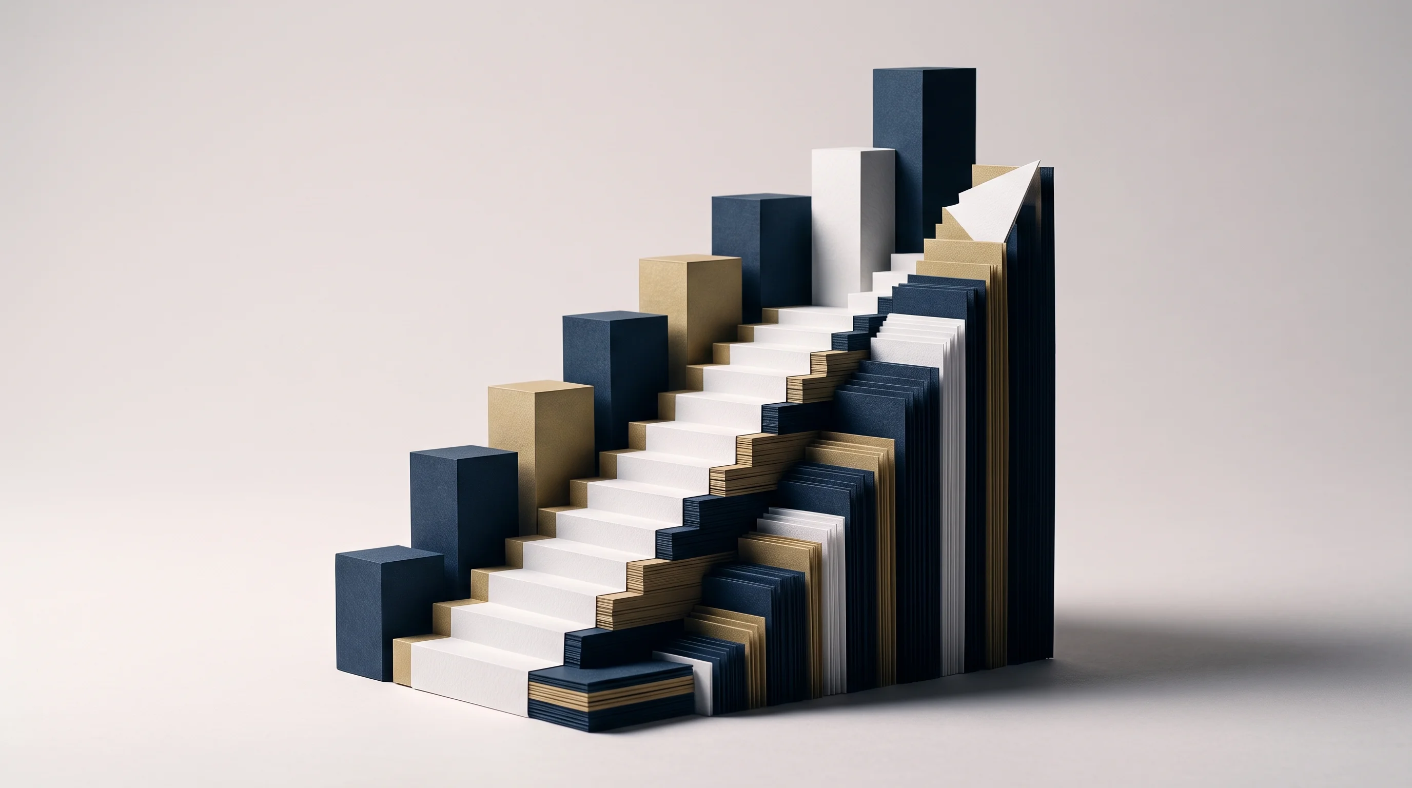 Digital illustration for article section "What Actual Institutional Money Does" in "The AI Trading Mirage: Why 100%+ Return Claims Rarely Hold Up" - A clean, minimal composition featuring a monumental, ascending geometric staircase and abstract bar ...