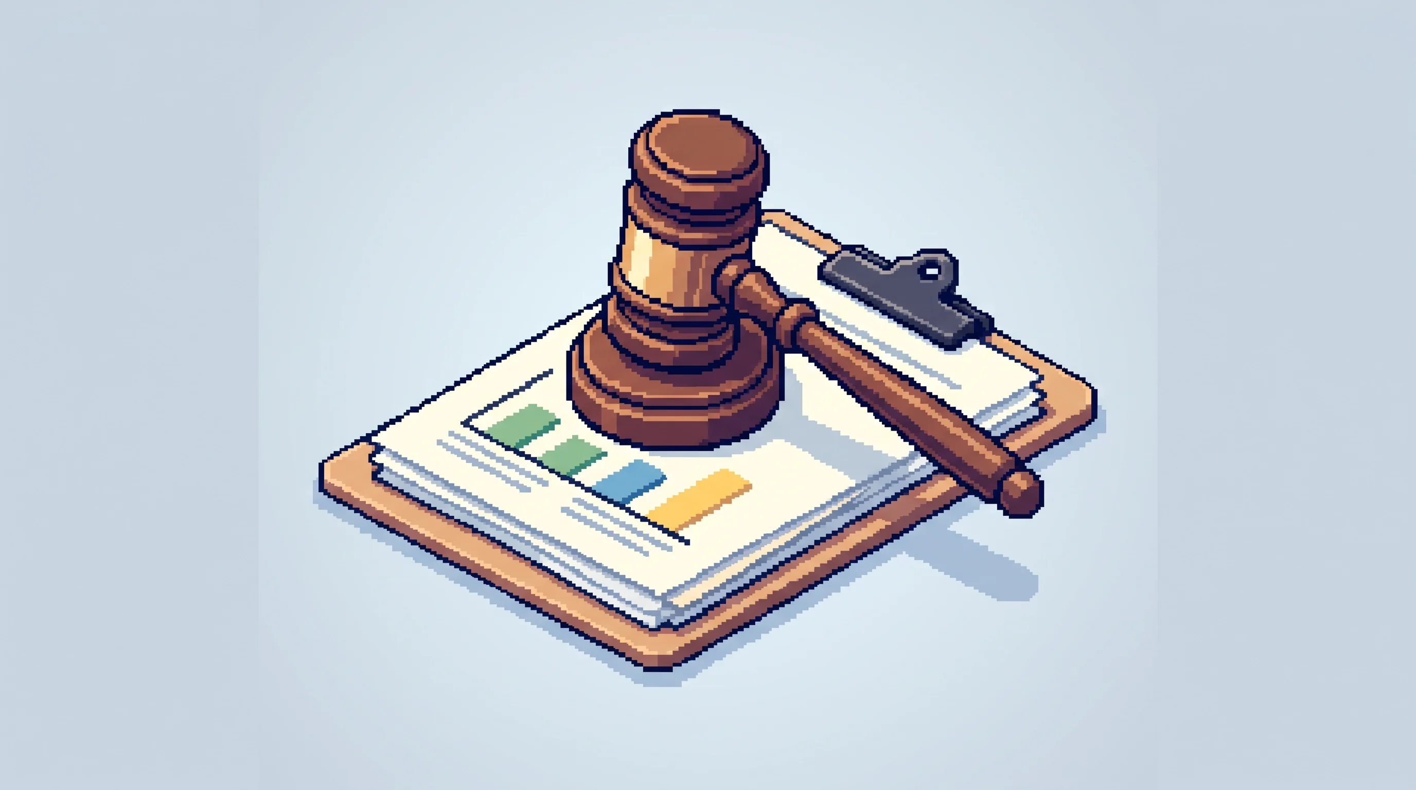 Digital illustration for article section "Regulatory Tailwinds, and Lawsuits" in "YC-Backed Insurf Launches AI Platform to Automate Healthcare Appeals" - A clean, minimalist isometric pixel art composition representing regulatory and legal pressure, feat...