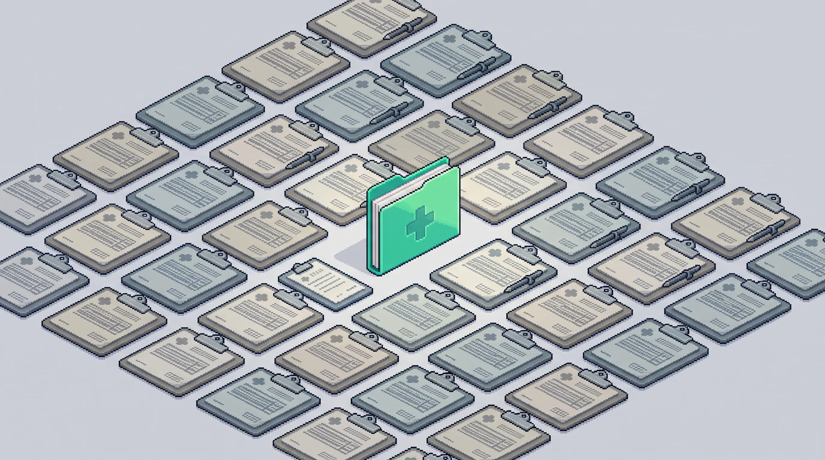 Digital illustration for article section "A Crowded Field" in "YC-Backed Insurf Launches AI Platform to Automate Healthcare Appeals" - An isometric pixel art illustration conceptually representing a crowded competitive landscape of hea...