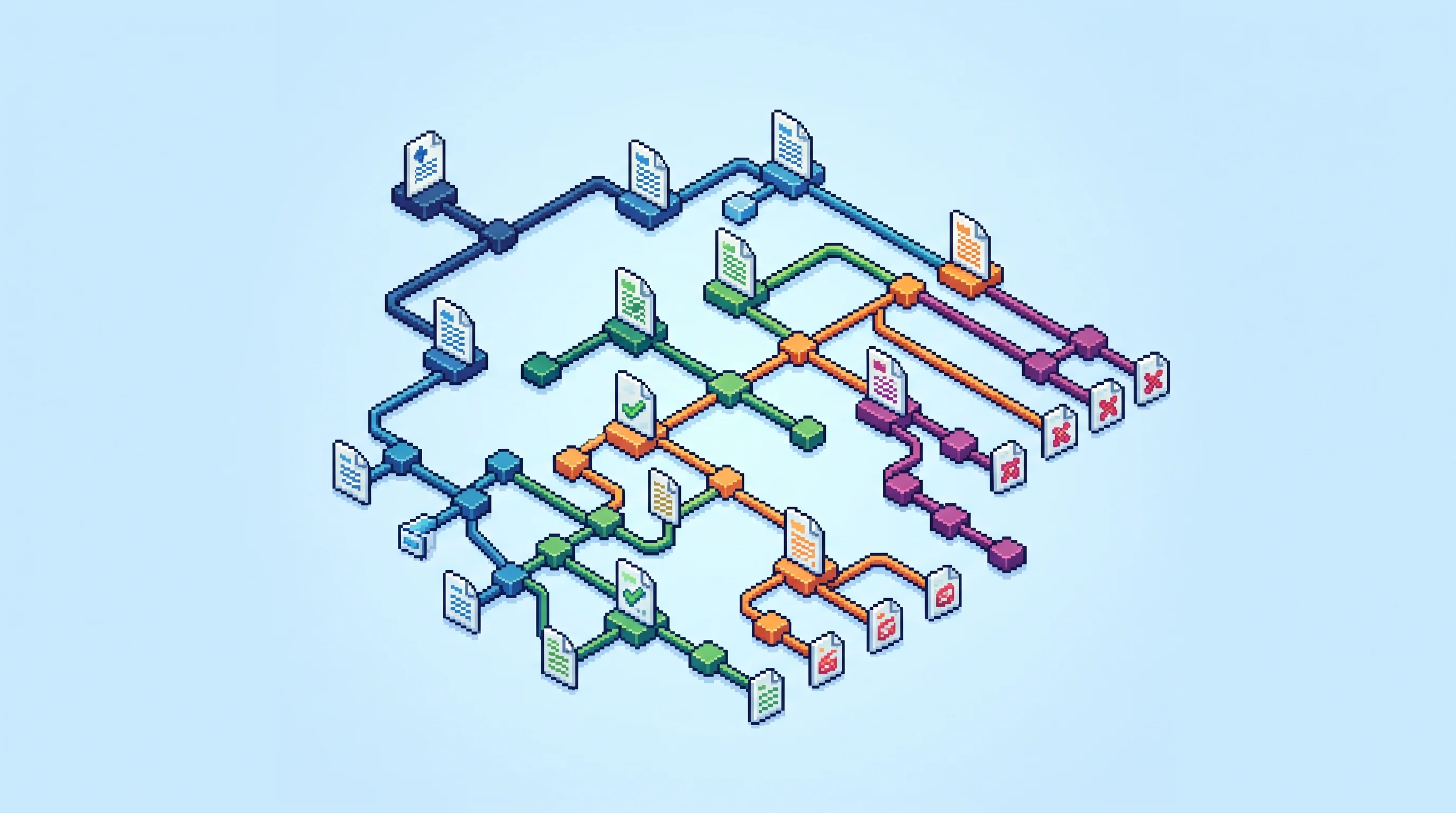 Digital illustration for article section "The Longer Game" in "YC-Backed Insurf Launches AI Platform to Automate Healthcare Appeals" - A clean, minimalist isometric pixel art representation of a coverage-decision graph mapping medical ...