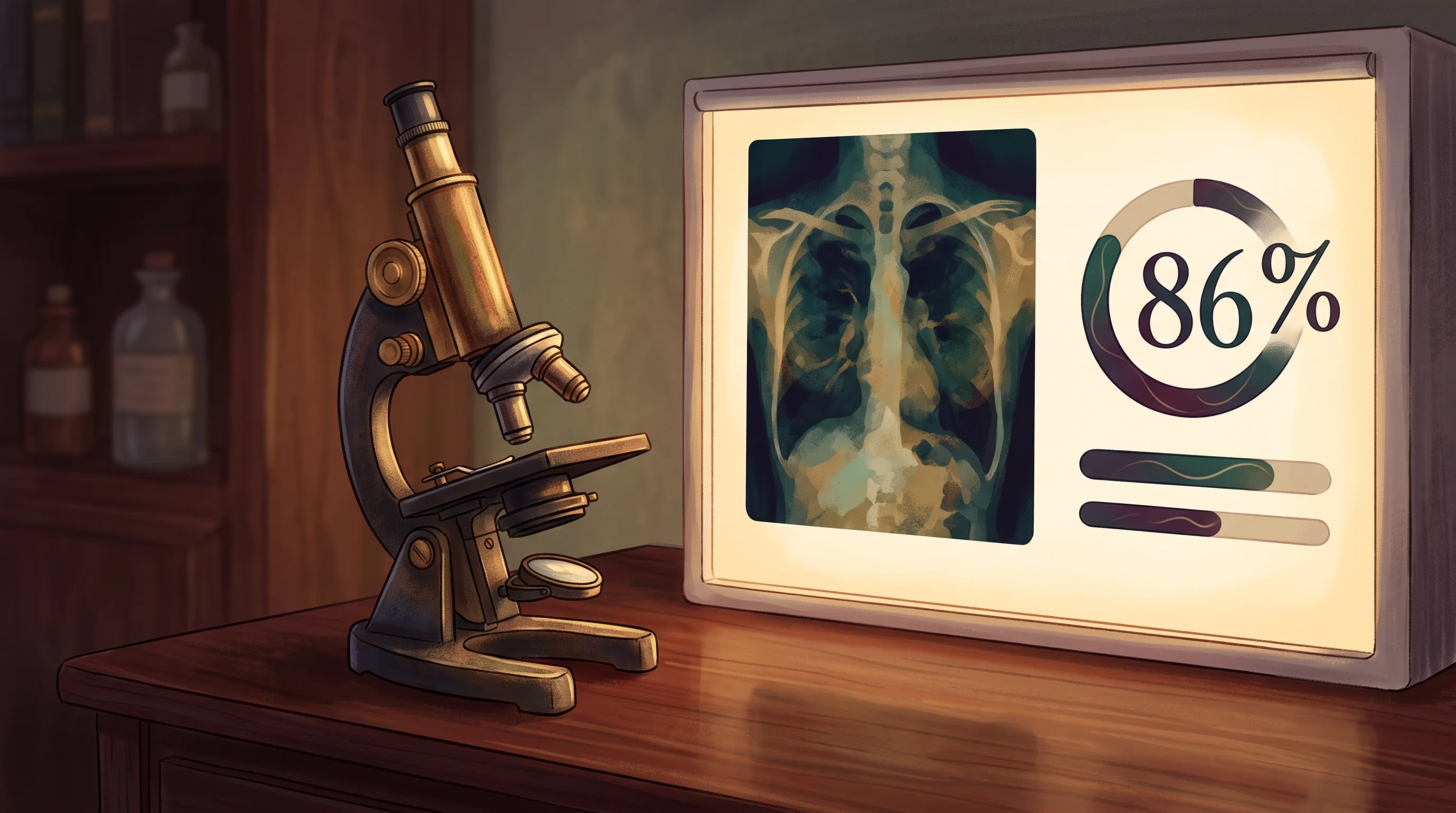 Digital illustration for article section "The Australian Laboratory" in "Avoca Systems Brings AI Patient Scheduling to U.S. Radiology" - A whimsical, cozy, yet slightly mysterious Australian medical laboratory setting featuring a single,...