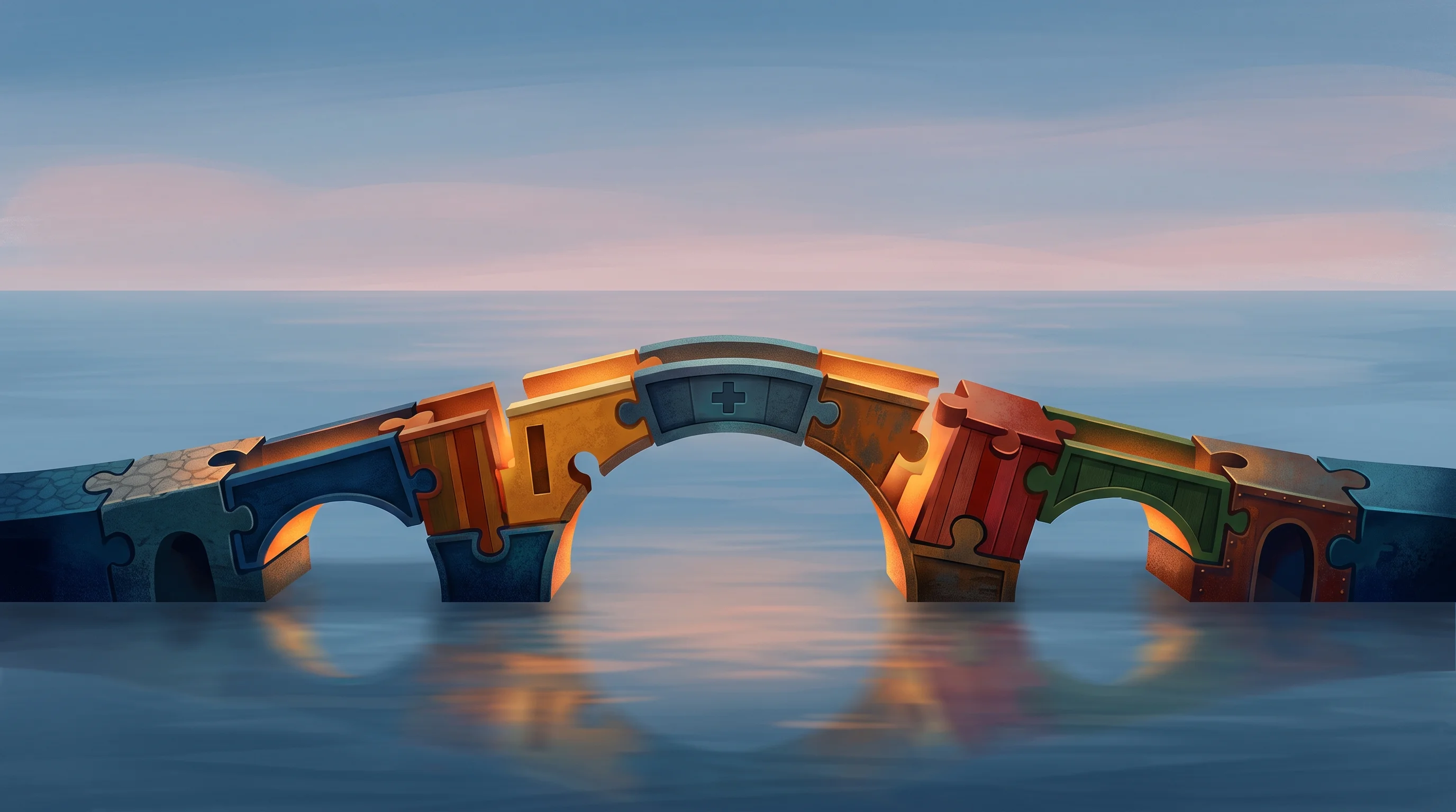 Digital illustration for article section "Crossing the Pacific" in "Avoca Systems Brings AI Patient Scheduling to U.S. Radiology" - A stylized, fragmented bridge crossing a calm, expansive ocean to represent entering the complex U.S...