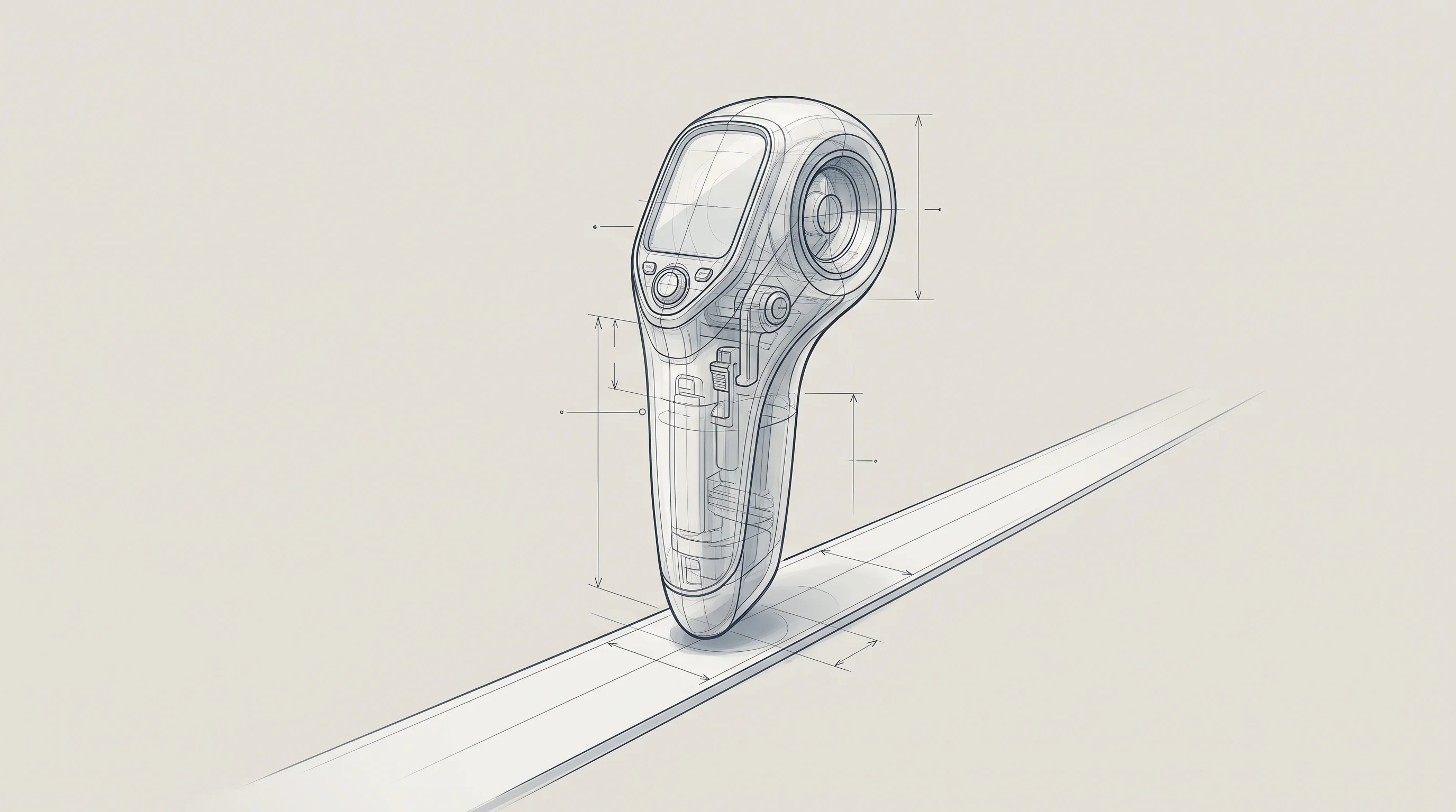 Digital illustration for article section "The Narrow Path Ahead" in "AI Agents Debug the Chips That Power AI: Inside the $20B Fight" - A conceptual, modern industrial design sketch of a sophisticated, abstract navigational instrument s...