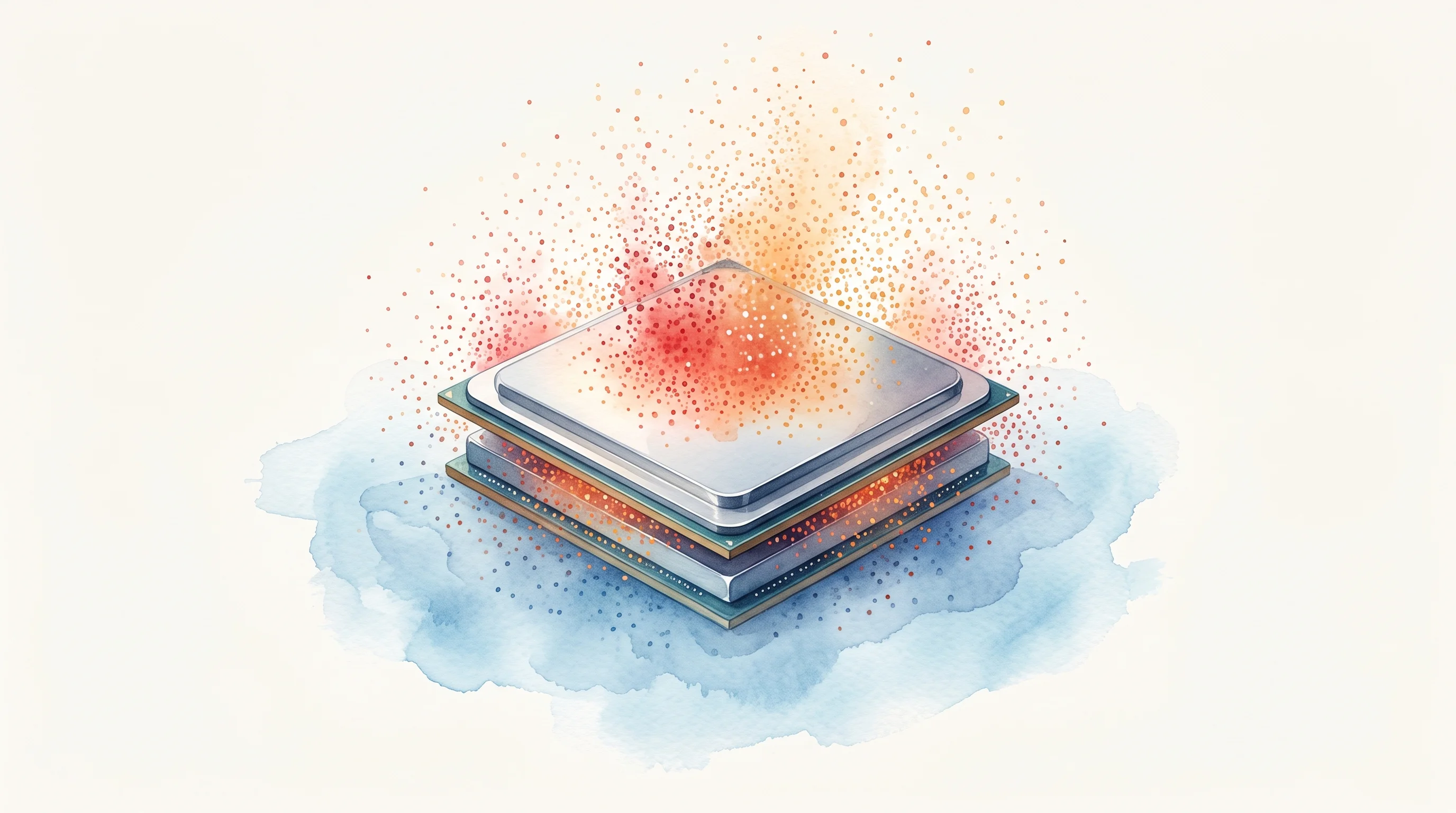 Digital illustration for article section "Why Now?" in "Diamond Wafers Promise 5x Better Cooling for AI Data Centers" - A clean, minimalist conceptual illustration focusing on a sleek, modern GPU chiplet and high-bandwid...
