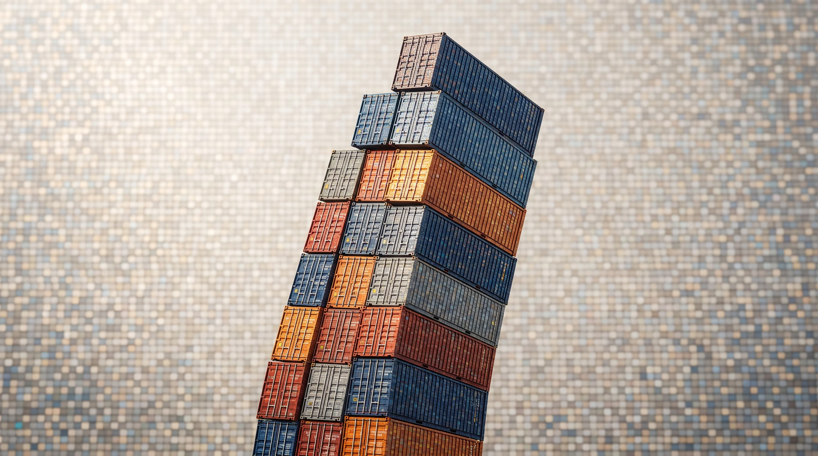 Digital illustration for article section "Launching Into Chaos" in "YC's Donkey Launches AI Platform Connecting US Importers to Factories" - A striking, minimalist conceptual image featuring a single, towering stack of shipping containers dy...