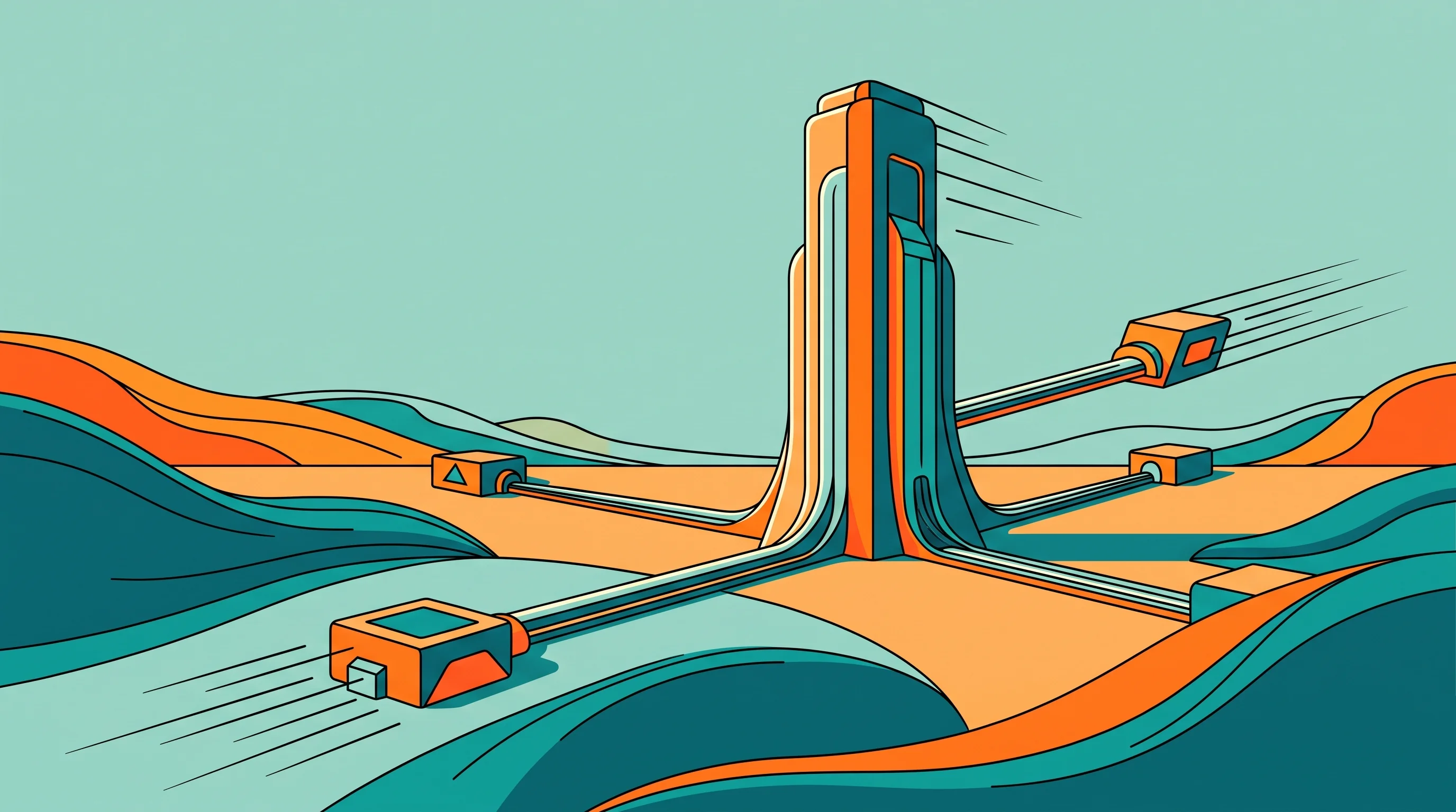 Digital illustration for article section "The Hyperscaler Response" in "Amulet Builds Agent-Native Filesystem as AI Infrastructure Race Heats Up" - A clean, minimalist illustration of a towering, retro-futuristic architectural monolith representing...