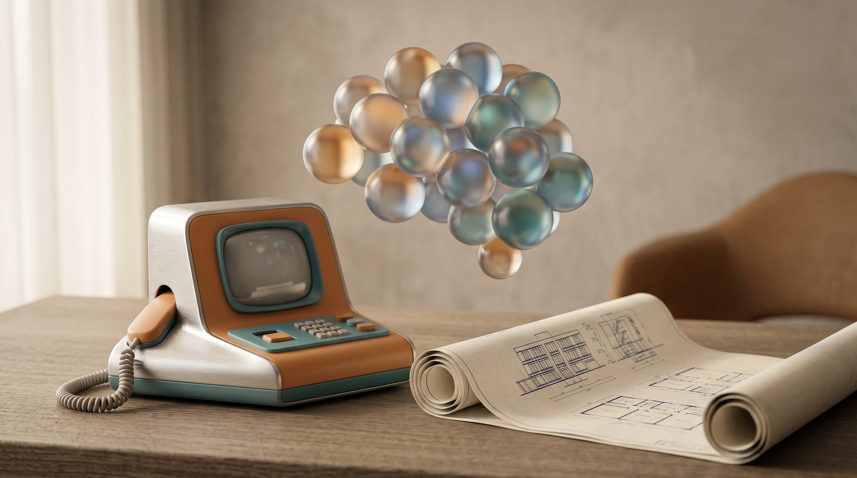 Digital illustration for article section "The Open-Source Signal" in "YC-Backed Nex Launches AI GTM Agent Built on Claude Cowork" - A minimalist, retro-futuristic communication terminal sits elegantly on a clean, uncluttered surface...