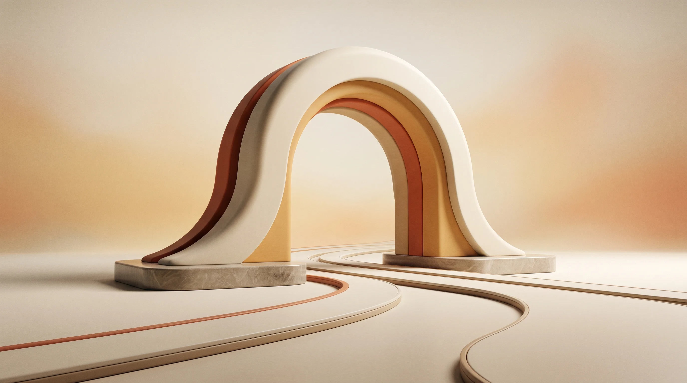 Digital illustration for article section "Infrastructure, Not Experiment" in "YC's Tracer Cuts AI Costs by Coordinating Open-Source Models" - A monumental, sleek architectural gateway standing firmly on a solid, polished foundation, symbolizi...