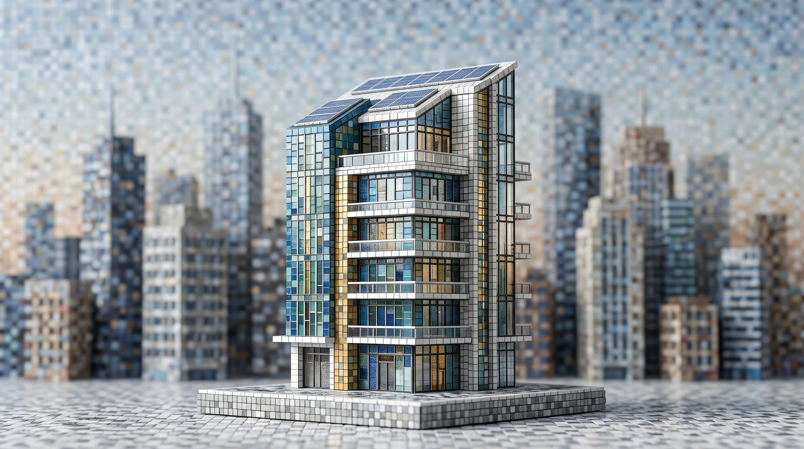 Digital illustration for article section "A Crowded Field Gets More Crowded" in "YC-Backed Edviro Launches AI 'World Models' to Cut Building Energy Waste" - A sleek, modern architectural model of a smart building, symbolizing autonomous energy optimization,...