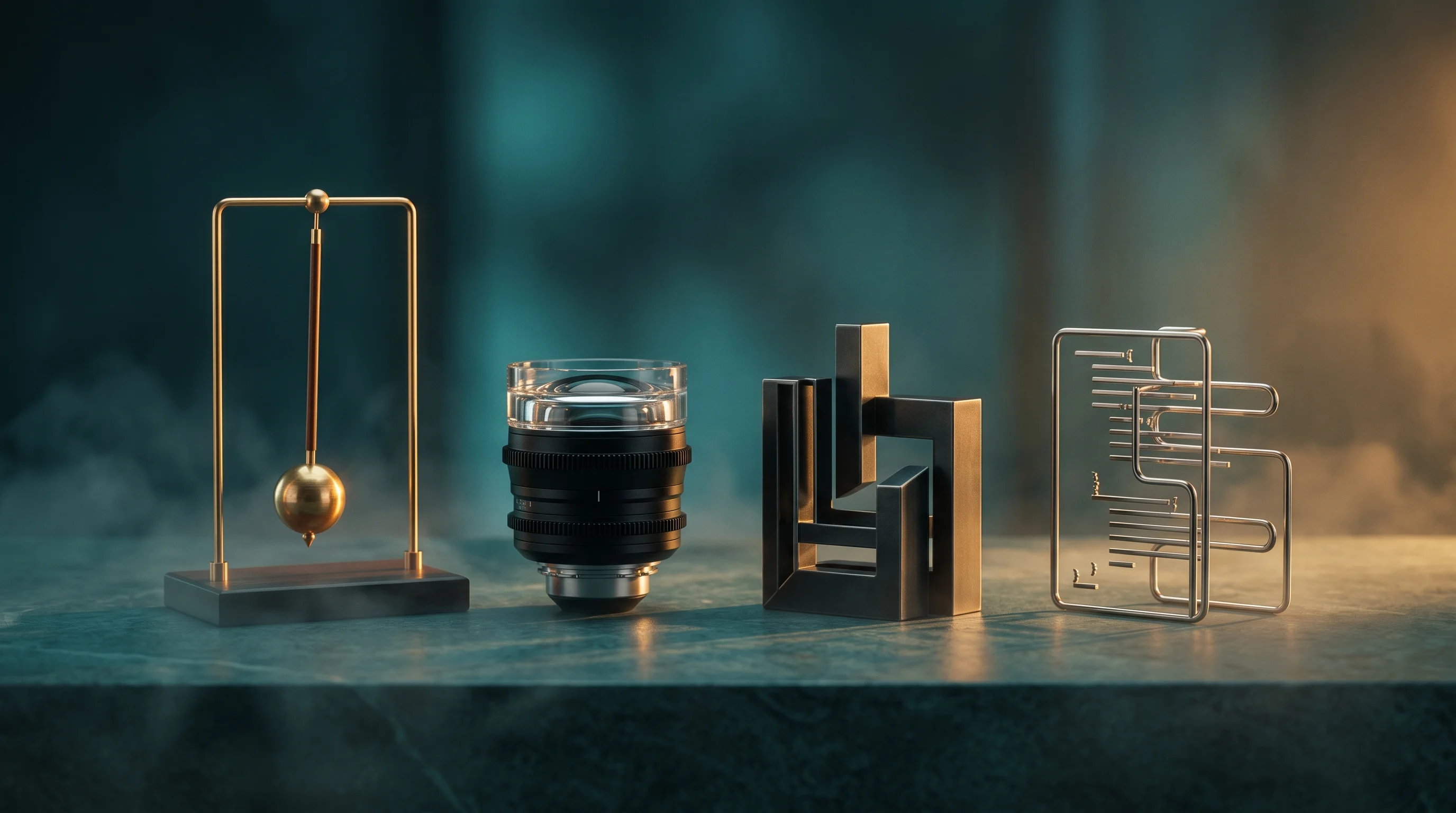 Digital illustration for article section "The Founders" in "Zaplar Launches AI-Native OS to Replace Fragmented Hotel Tech Stack" - A clean, minimalist conceptual still-life representing a founding team of four, featuring four disti...