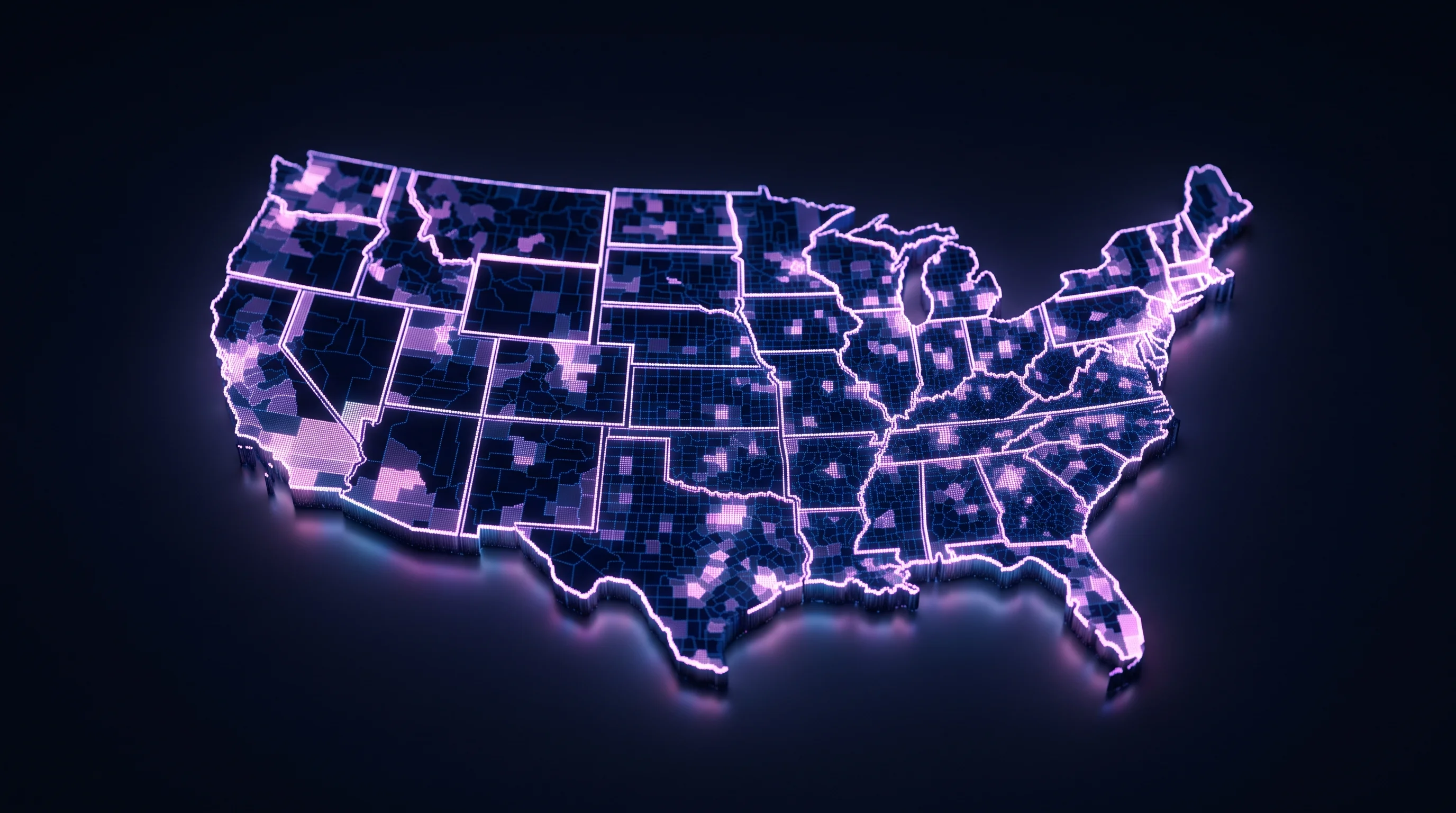 Digital illustration for article section "The Fragmentation Beneath" in "Mireye Builds Unified Data Layer for Physical-World AI Agents" - A minimalist, conceptual visualization of fragmented American governance and overlapping zoning juri...