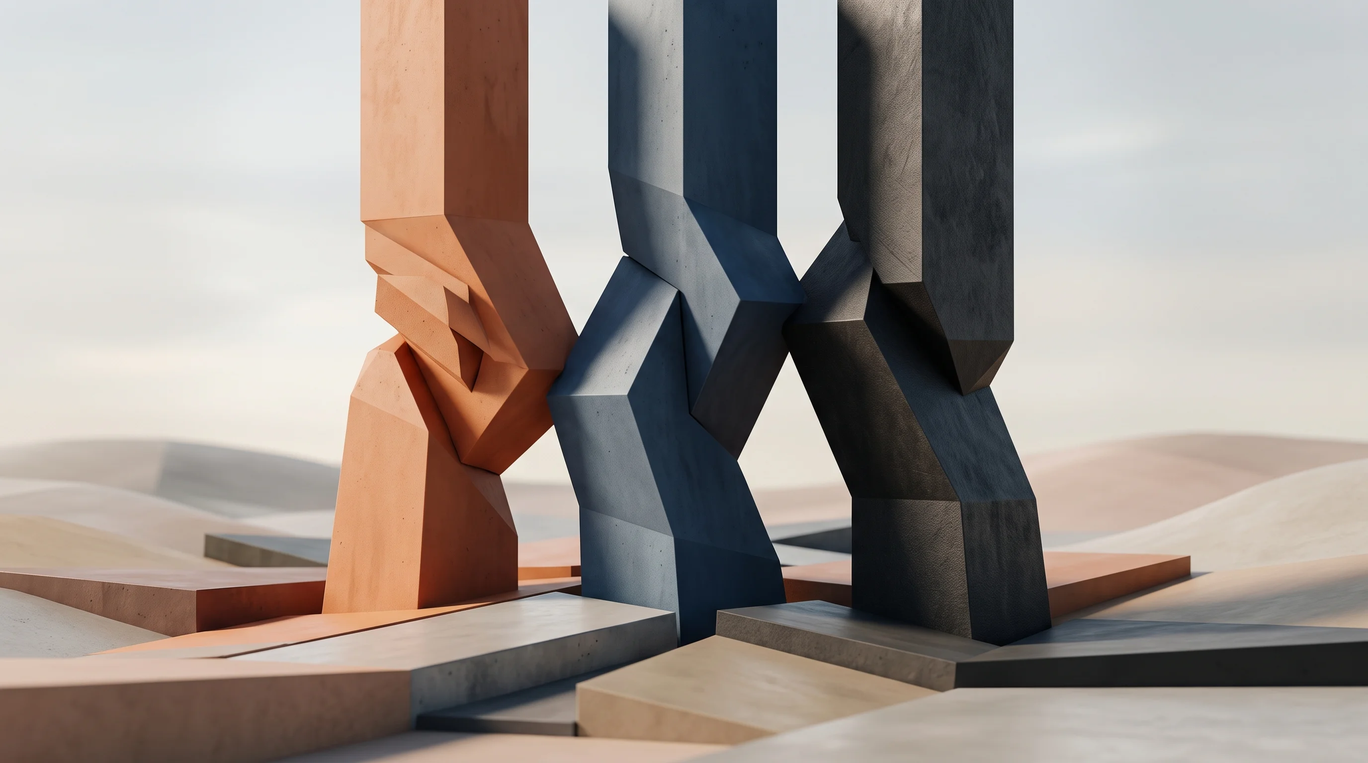 Digital illustration for article section "Three Forces Reshaping the Landscape" in "How Multi-Agent Games Are Becoming the New Frontier for AI Testing" - A minimalist and conceptual representation of three powerful forces reshaping a landscape, featuring...