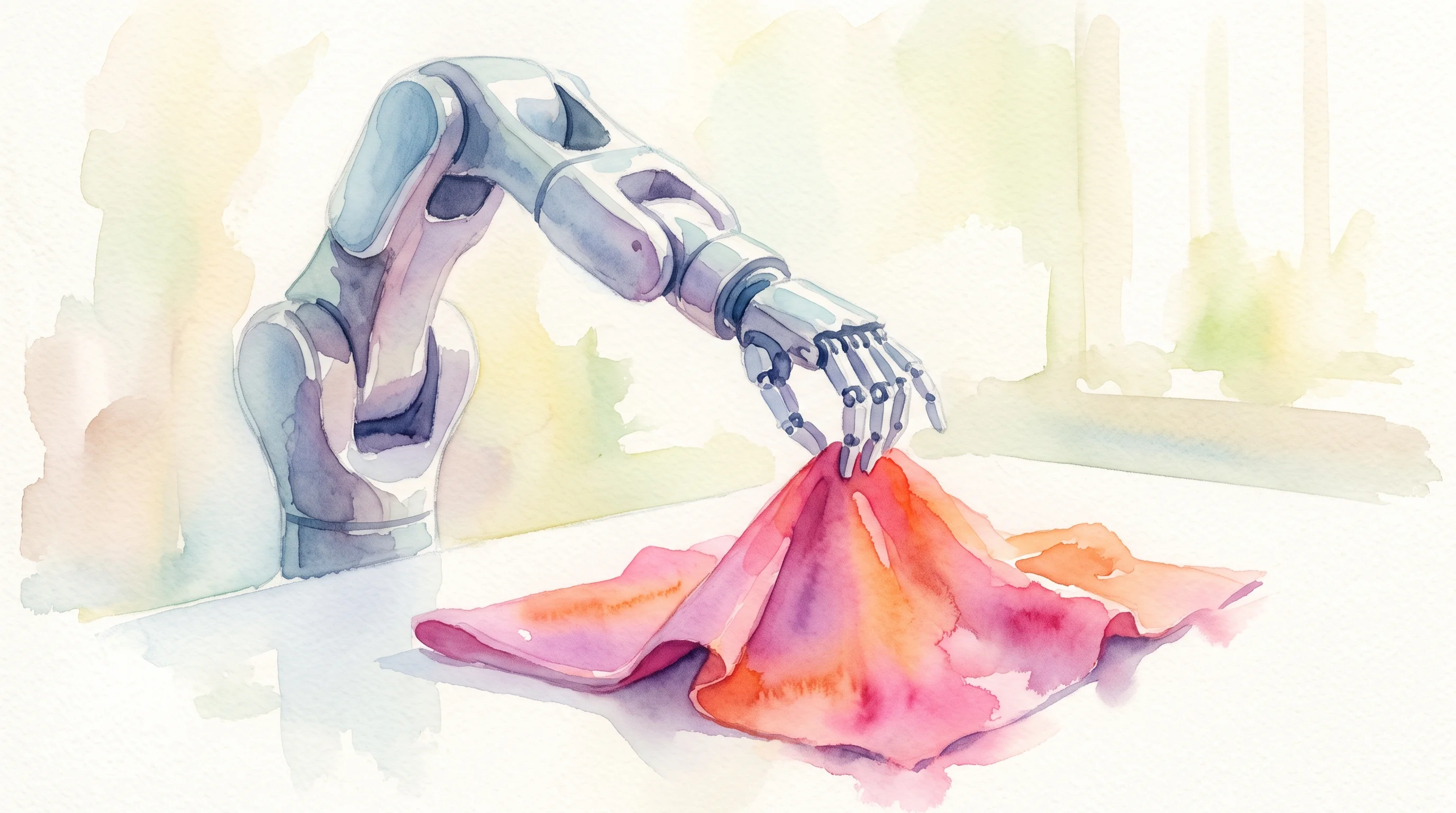Digital illustration for article section "The Contenders" in "The Race to Build Robot Brains That Work on Any Hardware" - A sleek, modern robotic arm gently folding a bright piece of soft fabric on a clean surface, concept...
