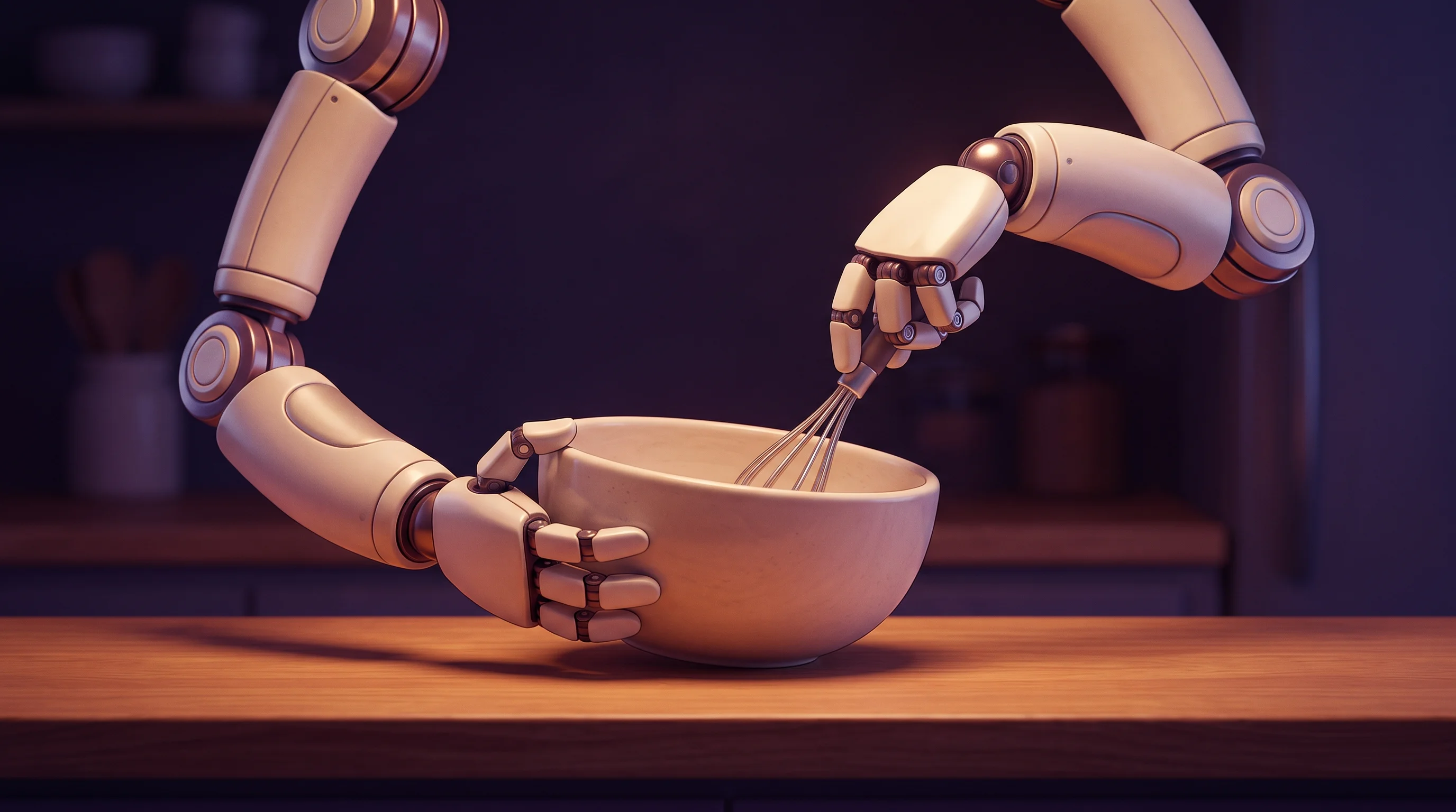 Digital illustration for article section "The Kitchen Test" in "YC-Backed Robocurve Launches Open-Source Robot Benchmarks" - Two sleek, modern robotic arms working in perfect coordination to carefully manipulate a simple cera...
