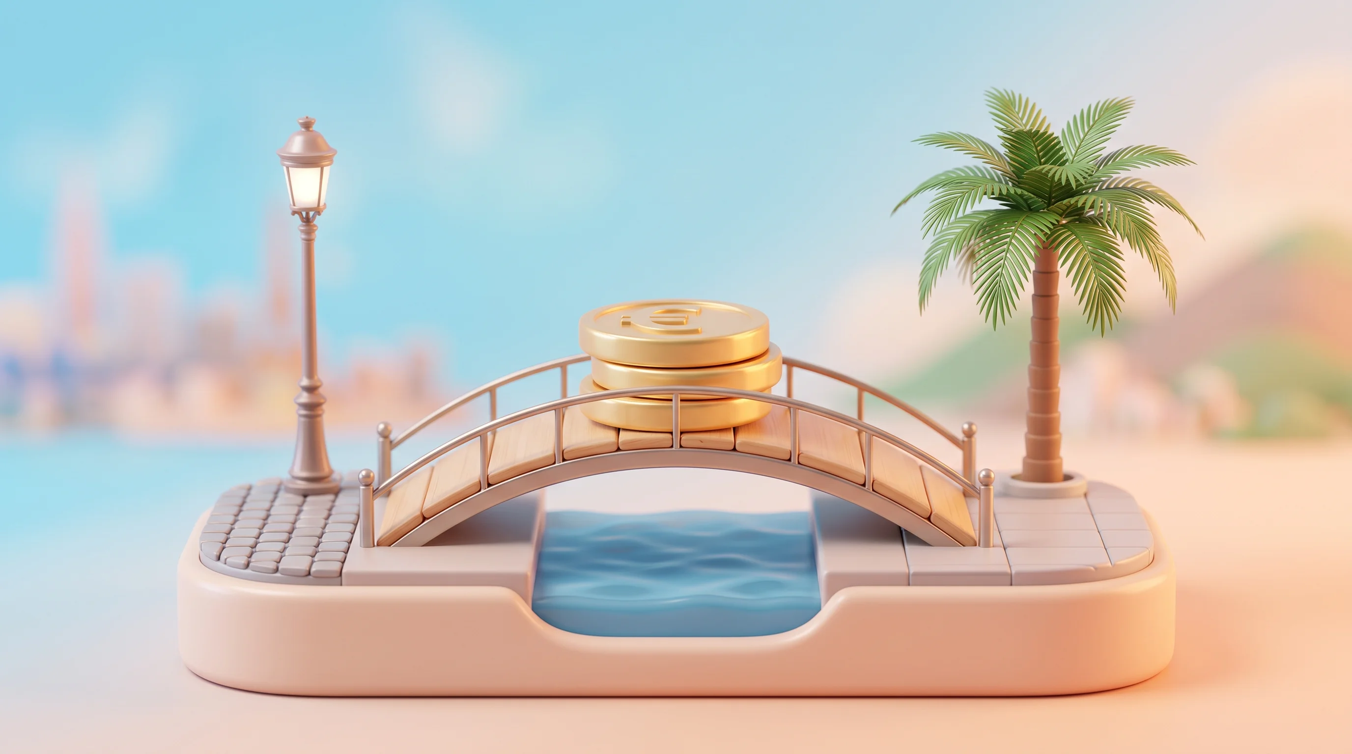 Digital illustration for article section "A French Bet With Silicon Valley Credentials" in "YC-Backed COACH Brings AI Sales Coaching to Field Teams" - A clean, minimal 3D cartoon miniature model diorama representing a French startup's successful expan...