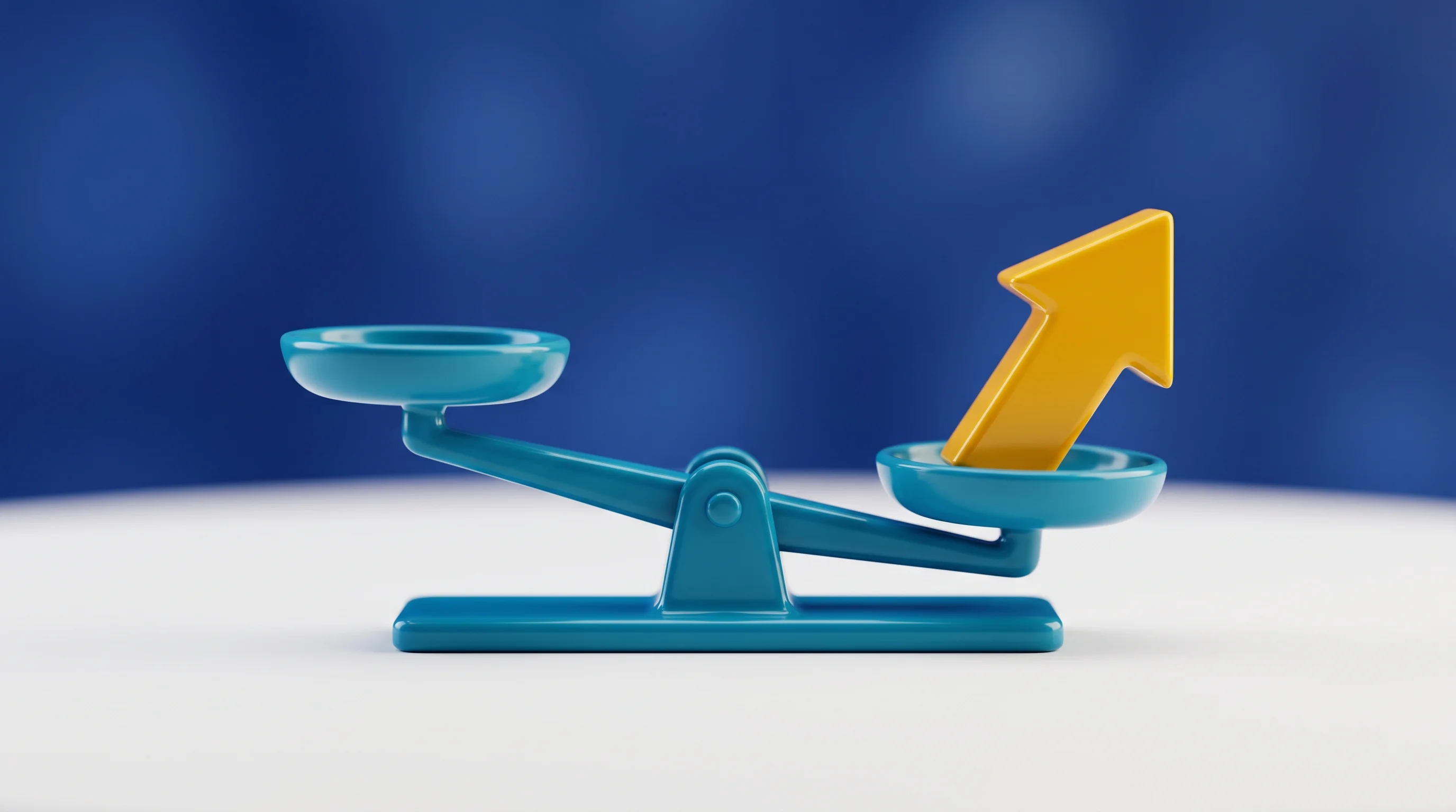 Digital illustration for article section "The Outcome-Based Gamble" in "YC-Backed Async Deploys AI Agents for Small Law Firms, Eyes Healthcare" - A clean and minimalist macro photography shot of a vibrant, glossy plastic scale of justice resting ...