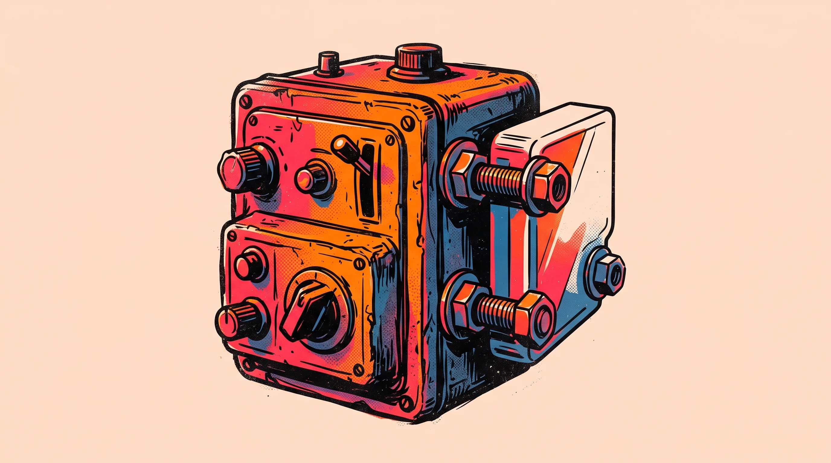Digital illustration for article section "The Bigger Picture" in "YC's Coasty Launches AI Agent to Automate Legacy Software and Mainframes" - A clean, minimal, and conceptual illustration of a heavy, vintage mechanical control box representin...