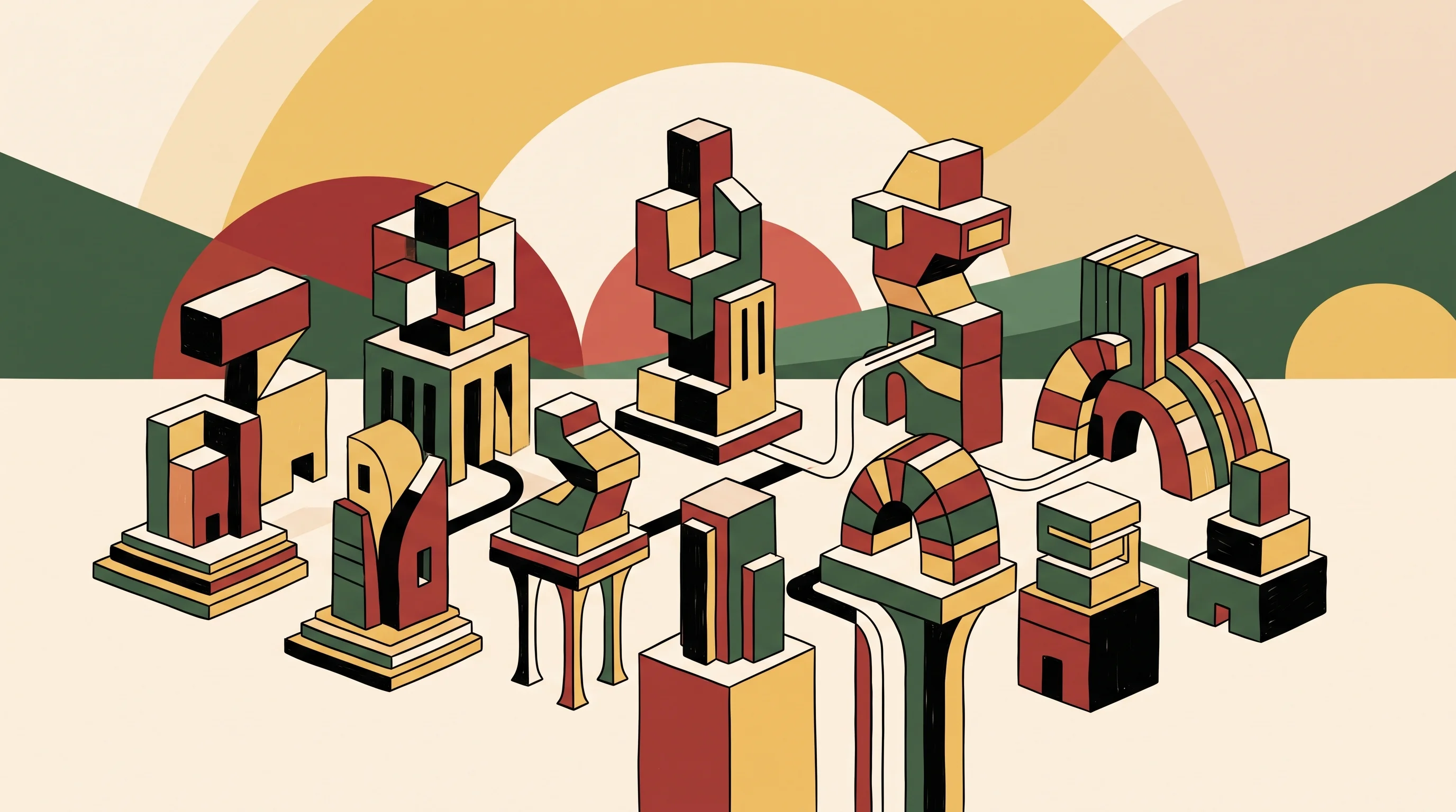Digital illustration for article section "A Crowded Field, Different Approaches" in "YC's Stoa Launches Trading Platform for AI Hardware, Sees $300M in RFQs" - A warm minimalist illustration depicting a crowded field of different strategic approaches, visually...