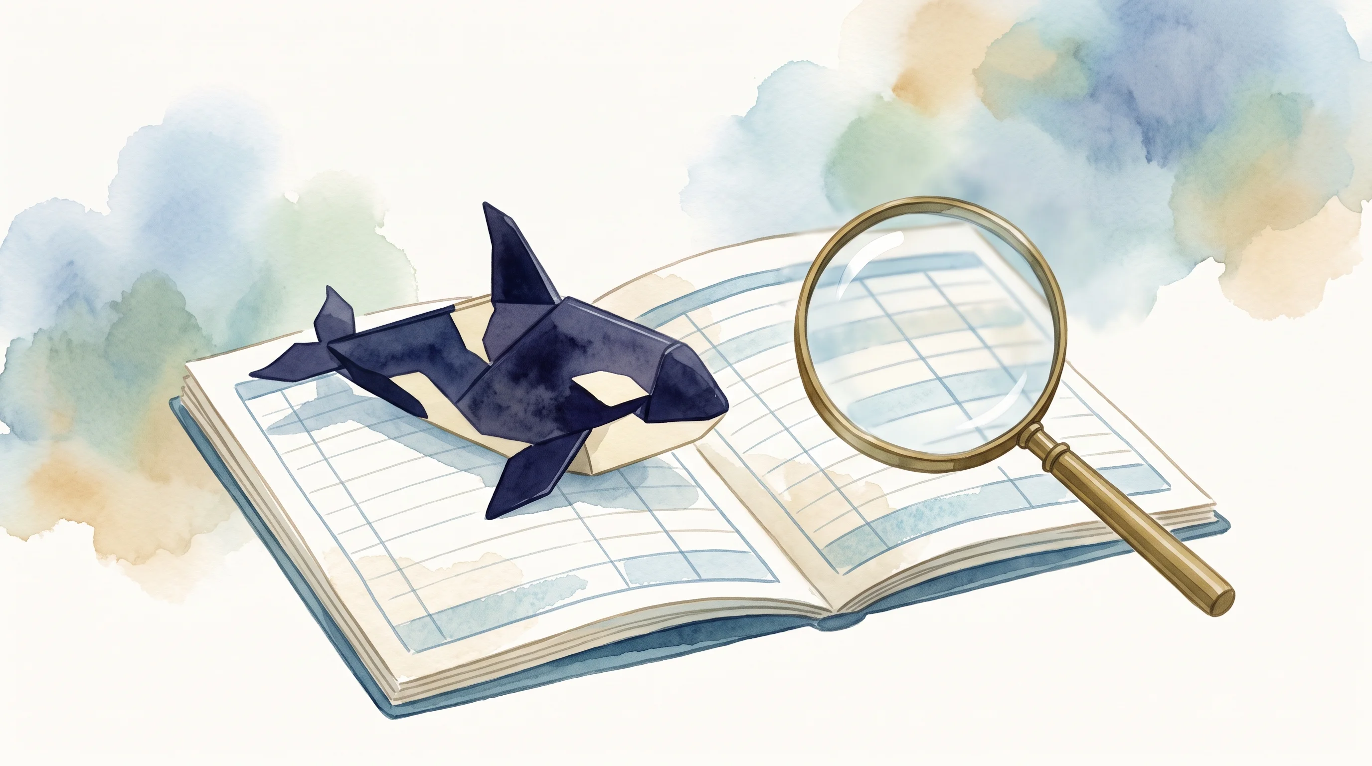 Digital illustration for article section "What We Actually Know" in "ORCA Raises $7M Series A to Fix Payments Before They Fail" - A conceptual, minimal composition featuring a small, elegantly crafted origami orca whale resting on...
