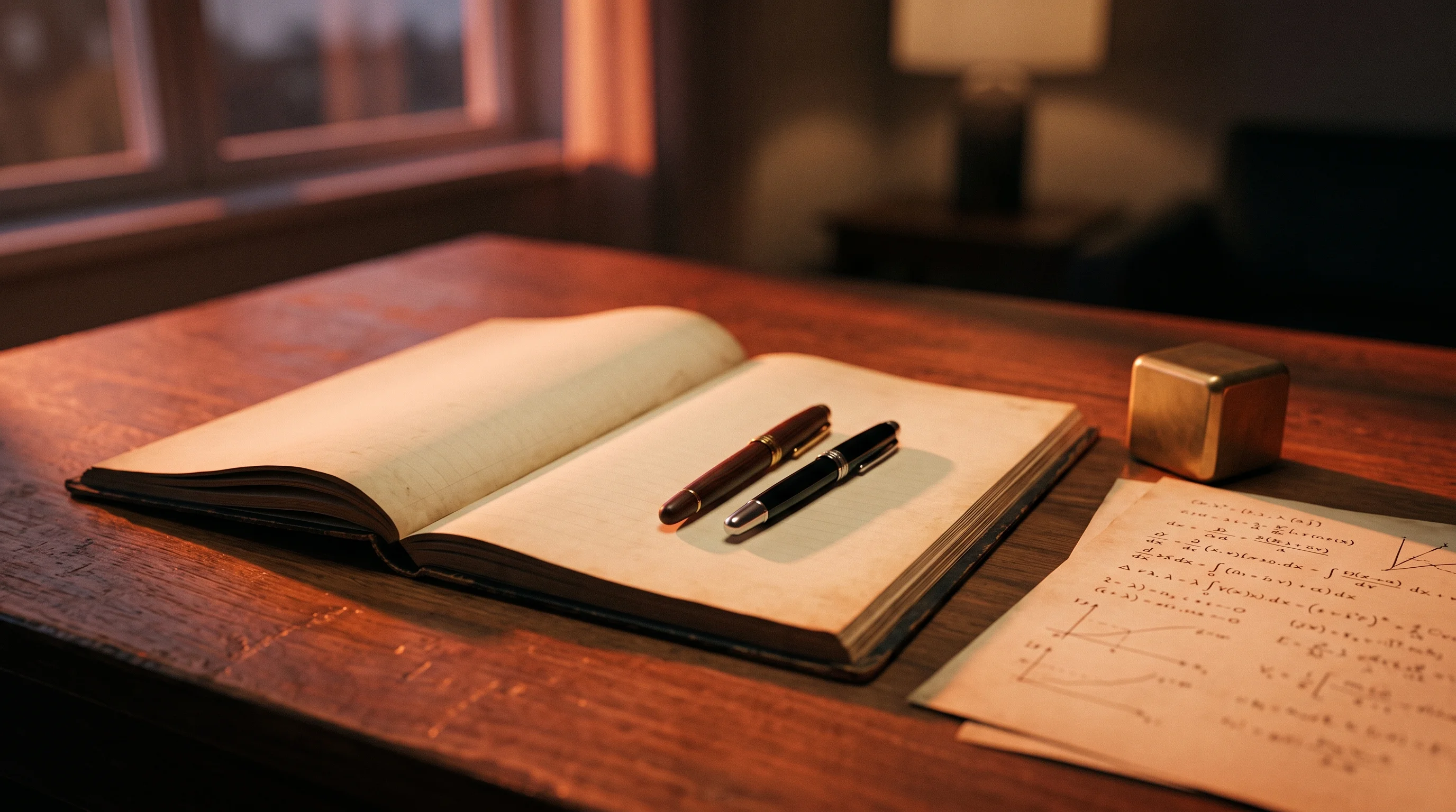 Digital illustration for article section "Two Founders, Zero Named Customers" in "YC-Backed Datoric Launches Consent-First Training Data for Voice AI" - A clean, minimal conceptual workspace featuring exactly two elegant fountain pens resting side-by-si...