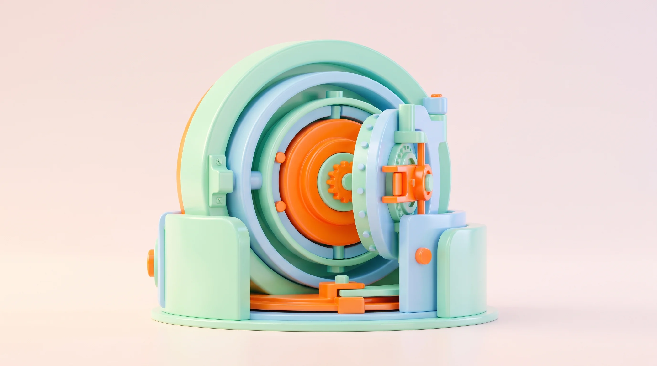 Digital illustration for article section "Security Built Around Distrust" in "YC Startup Spaceflow Launches Managed Runtime for Enterprise AI Agents" - A conceptual 3D miniature model of a multi-layered security vault and architectural lock mechanism r...