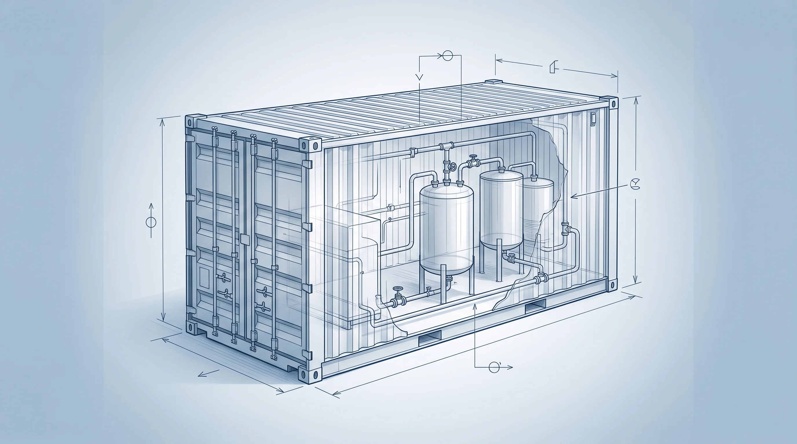 Digital illustration for article section "The Test Case" in "How Modular Biogas Plants Could Reshape America's Chemical Supply Chain" - A modern, containerized biogas conversion plant serves as the central focal point, depicted as a mod...