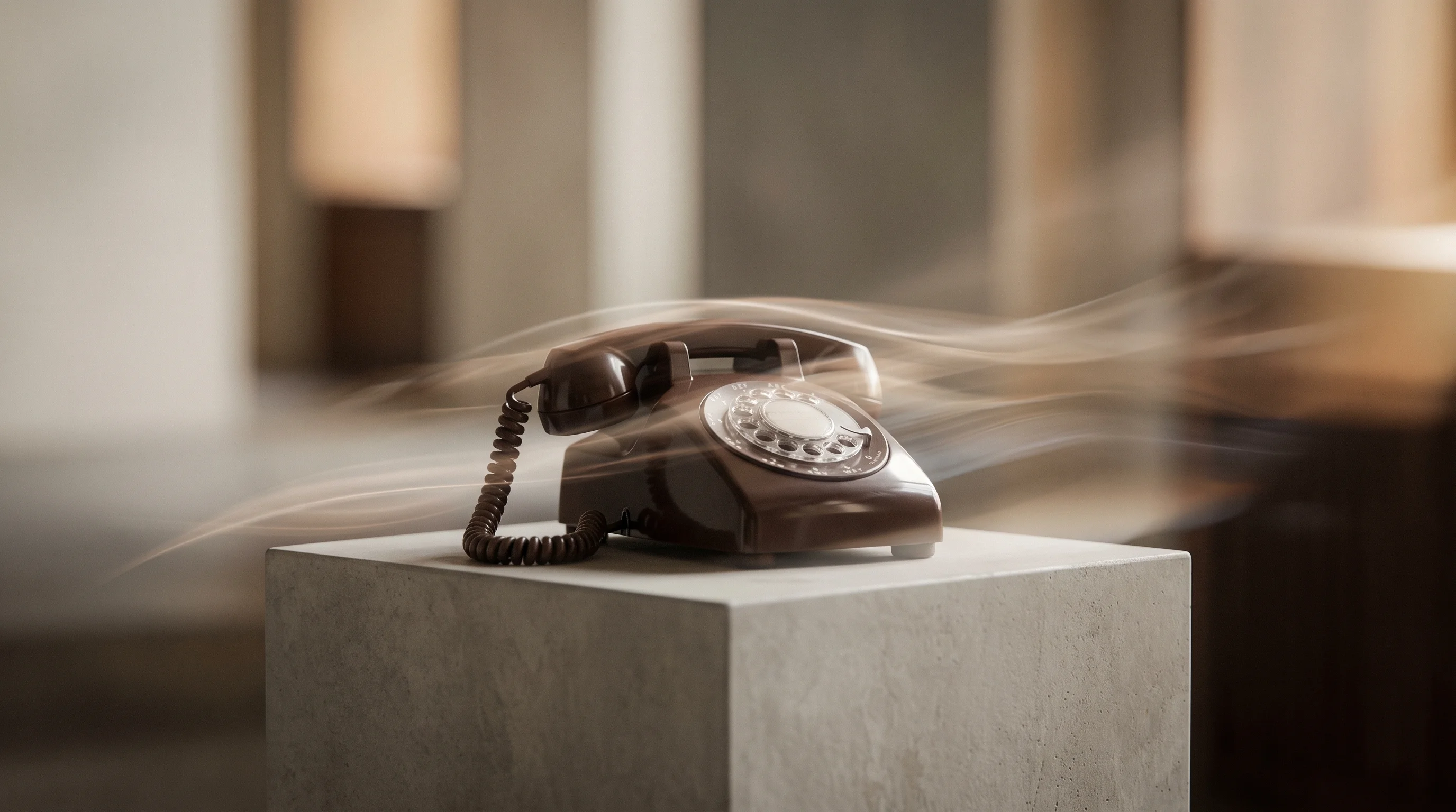 Digital illustration for article section "What Comes Next" in "YC-Backed Dawn Industries Launches AI to Auto-Diagnose Factory Robots" - A solitary, sleek vintage 1970s telephone resting on an ultra-minimalist, smooth geometric pedestal,...