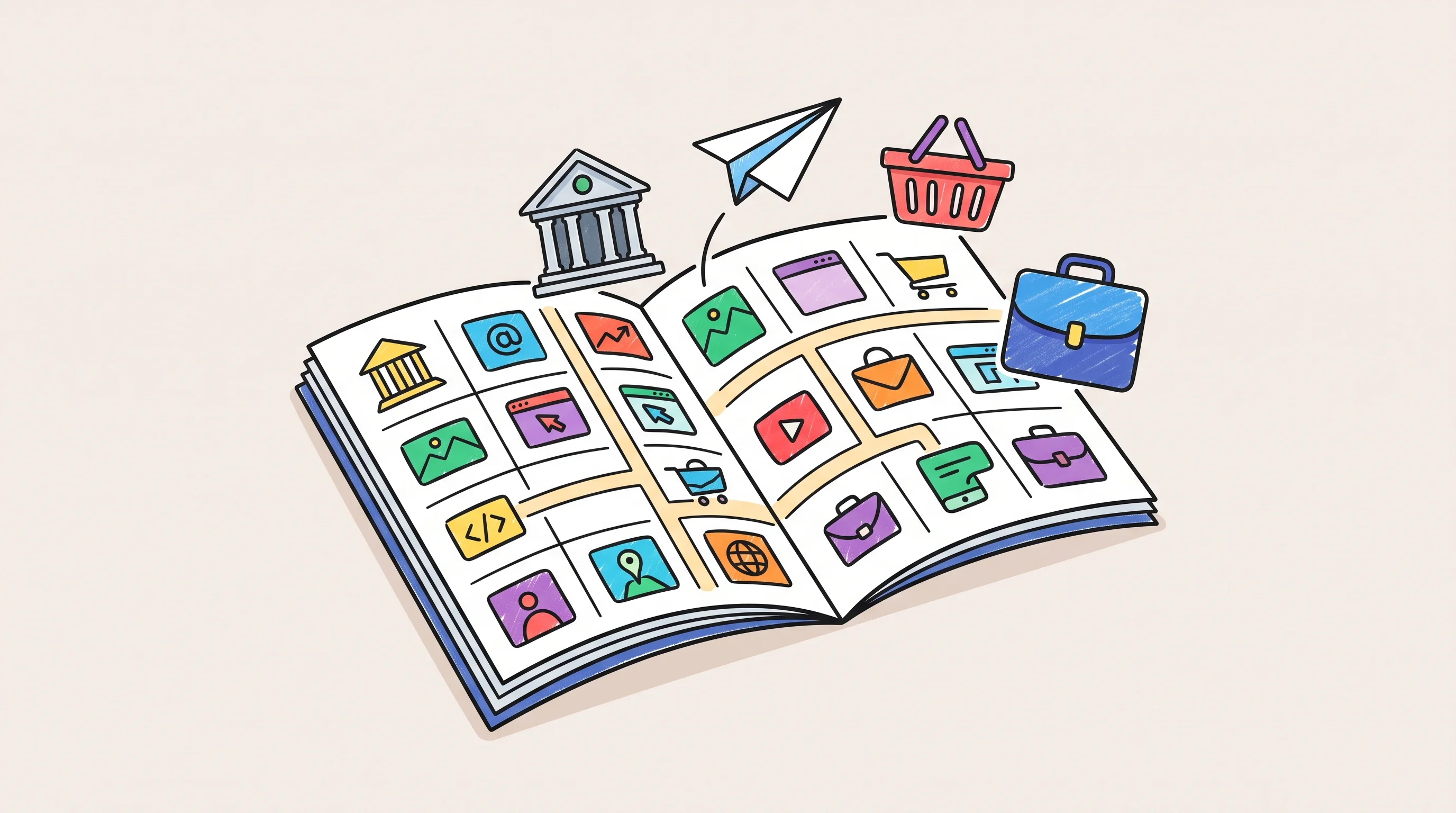 Digital illustration for article section "What's Live, What's Not" in "YC-Backed Rindler Launches API Translation Layer for AI Agent Automation" - A clean, minimal conceptual illustration of an open catalog or stylized map serving as the single st...