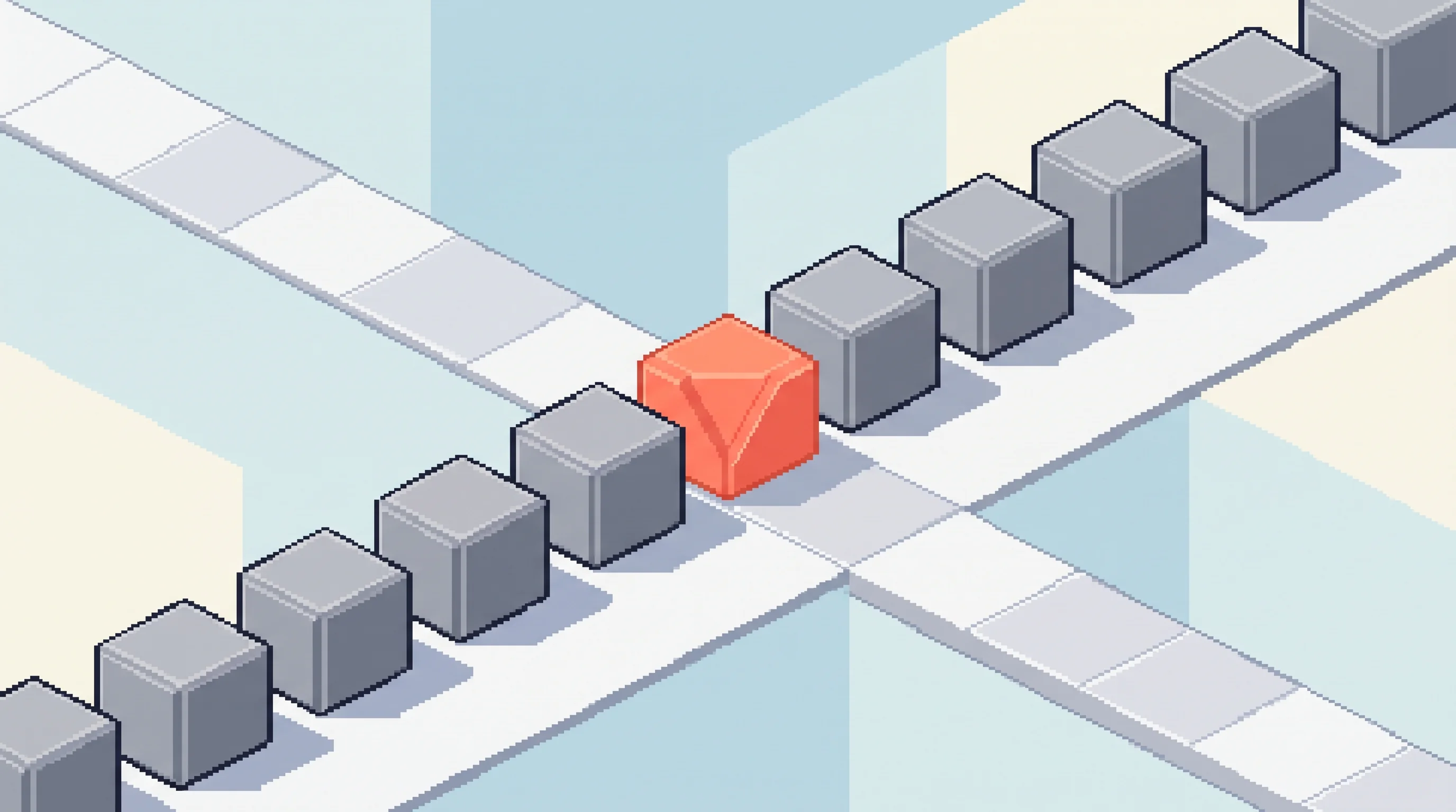 Digital illustration for article section "The Harder Questions Ahead" in "Hong Kong's Percepta Systems Raises $1M for AI Assistive Wearables" - A conceptual, minimalist isometric scene showing a single, uniquely shaped, vibrant coral-colored ge...
