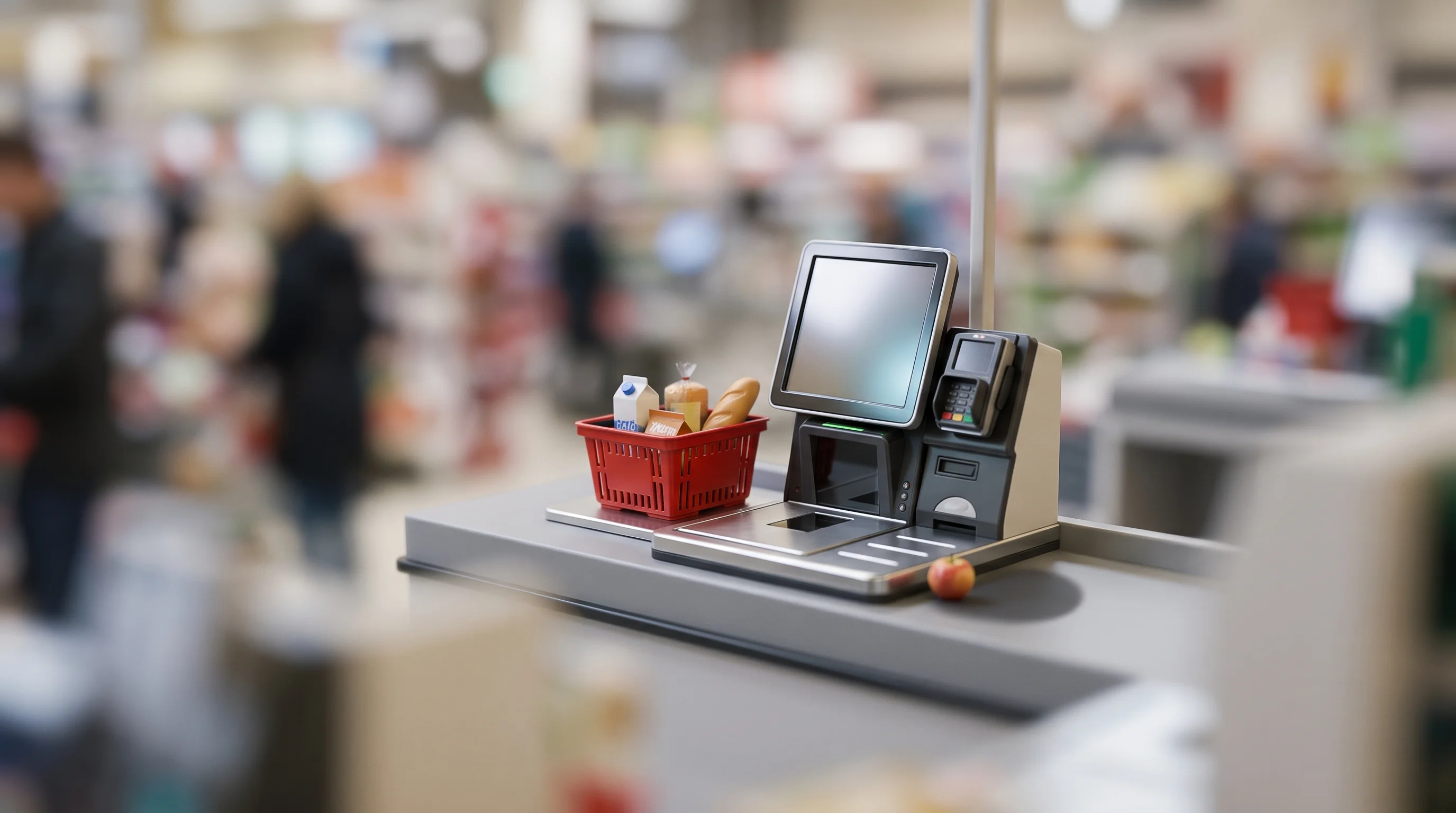 Digital illustration for article section "The self-checkout paradox" in "Edgify Secures Series A for Edge AI Retail Loss Prevention" - A miniature-style tilt-shift photograph of a modern retail self-checkout station, conceptualizing th...