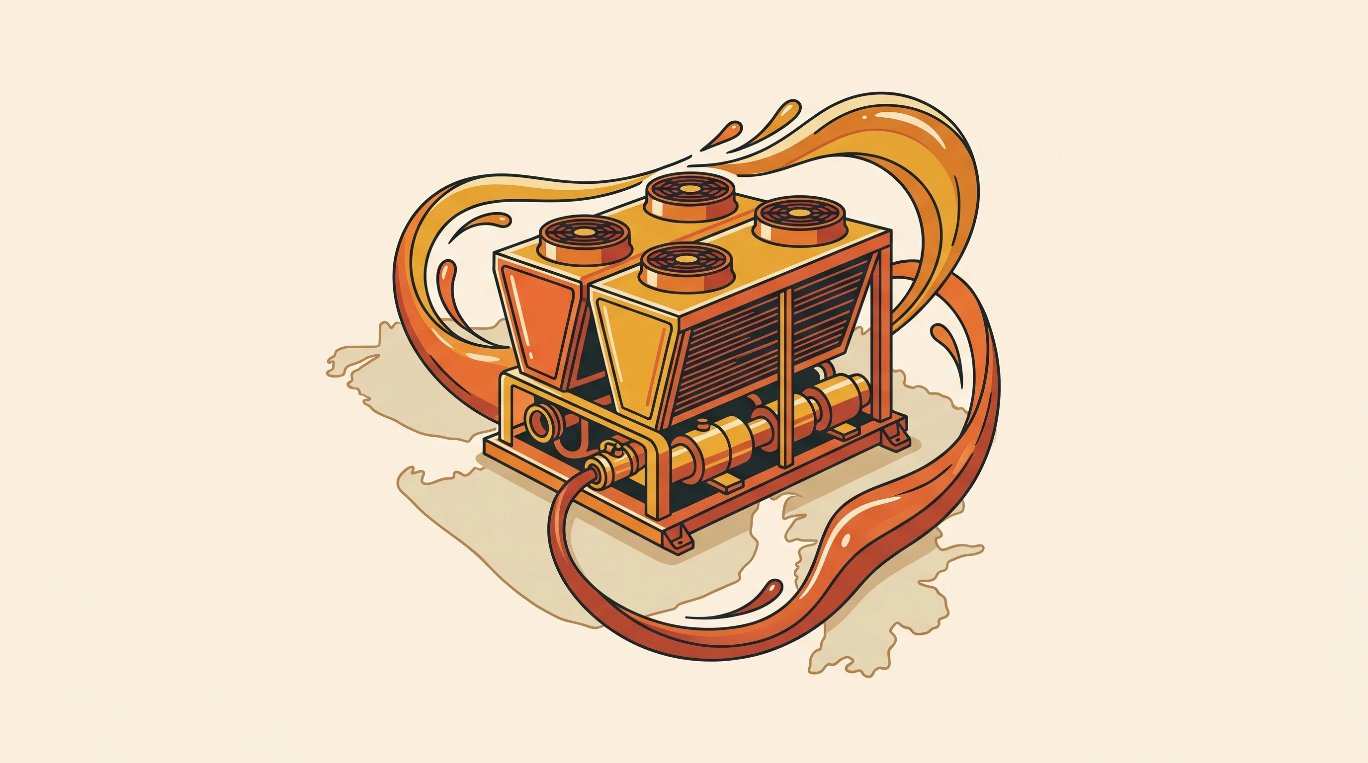 Digital illustration for article section "Made in Gujarat, Marketed to the World" in "KühlTherm Unveils Made-in-India Liquid Cooling for AI Data Centers" - A minimalist, vintage-poster-style illustration of a sleek, modern industrial cooling manifold and q...