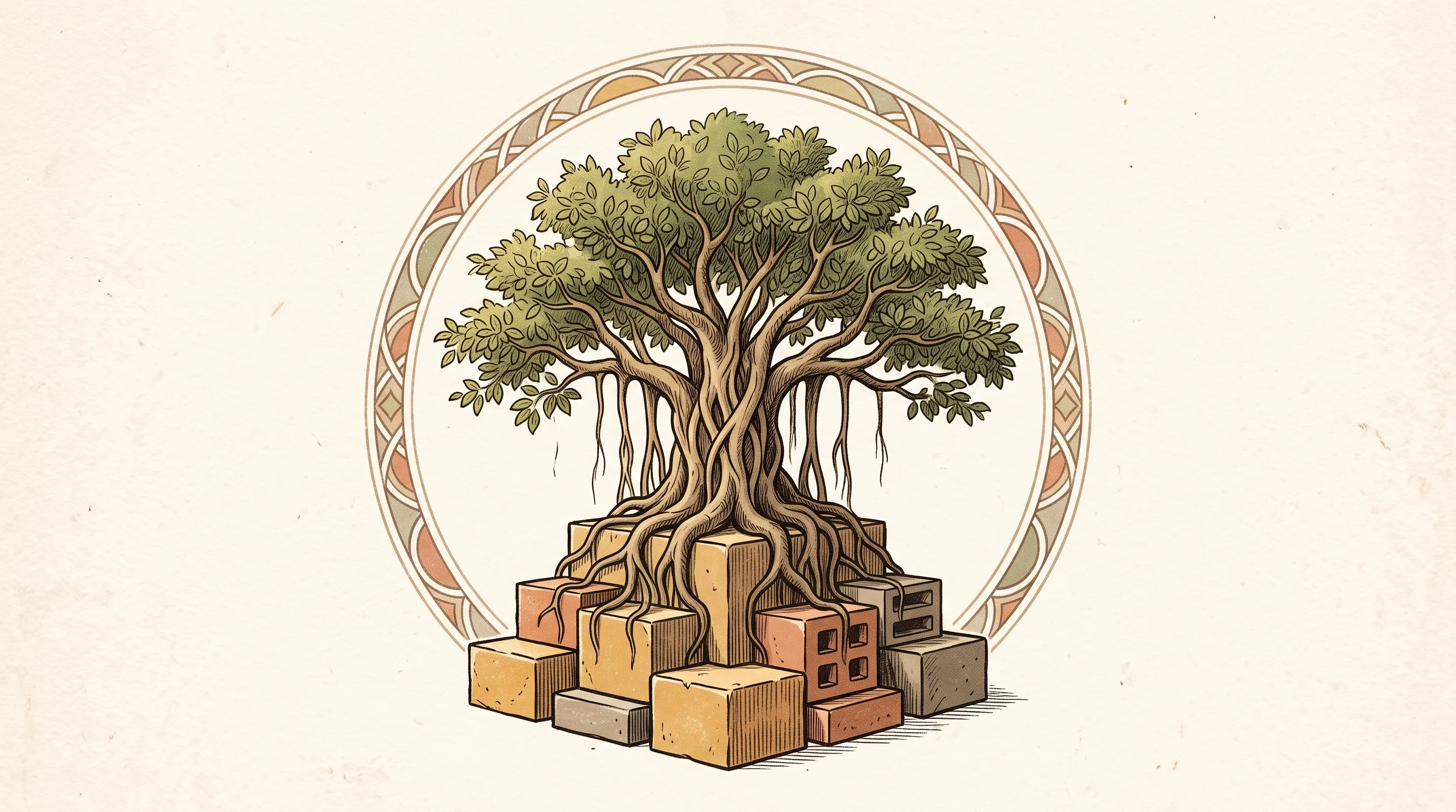 Digital illustration for article section "Betting on Homegrown Infrastructure" in "Sarvam AI Raises $234M to Build India's Sovereign AI Stack" - A conceptual, minimal illustration of a sturdy banyan tree growing organically from a solid foundati...