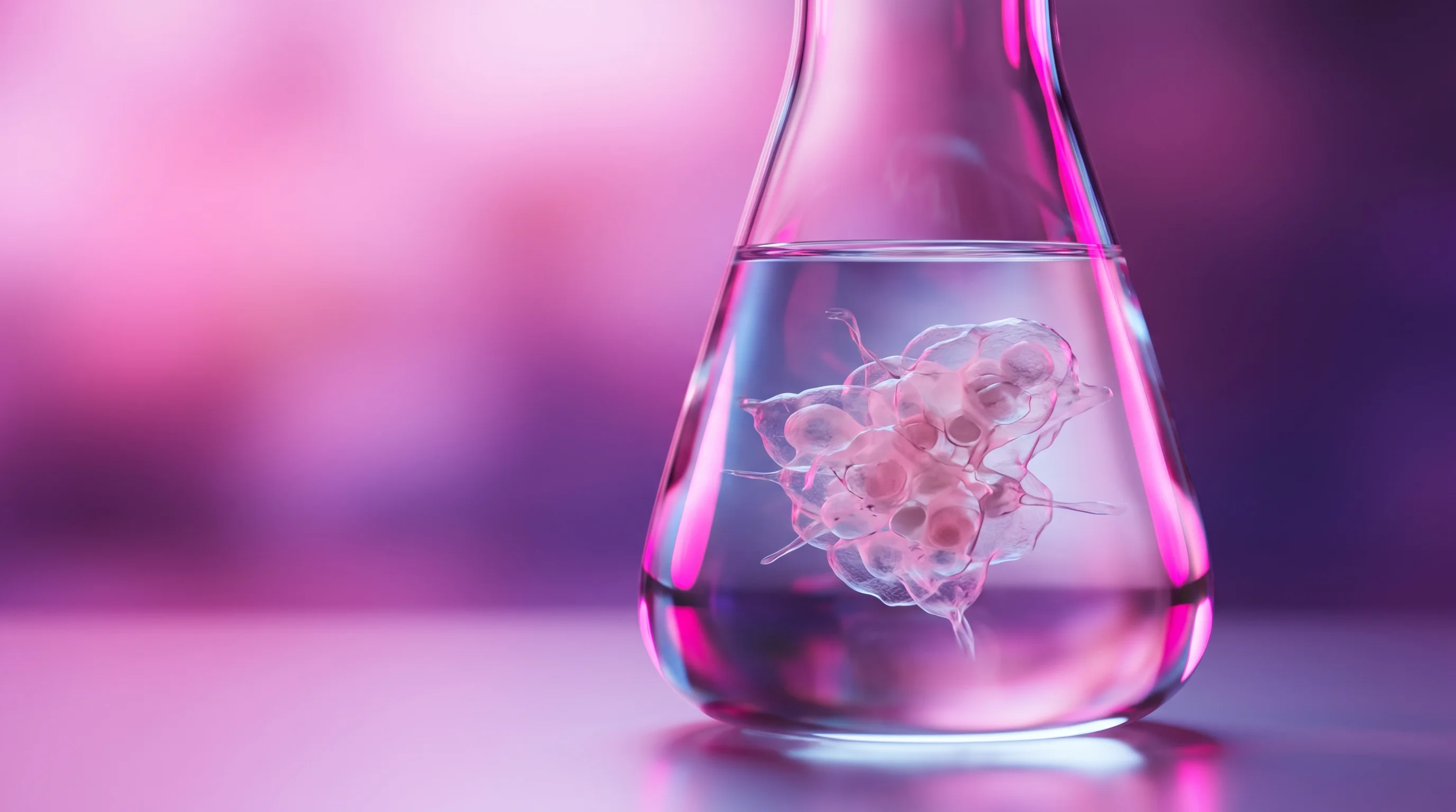 Digital illustration for article section "The Road Ahead (And What Could Derail It)" in "Living Neurons as AI Hardware: Inside the Biocomputing Revolution" - A clean, minimalist conceptual image focusing on a single, pristine transparent laboratory vessel co...