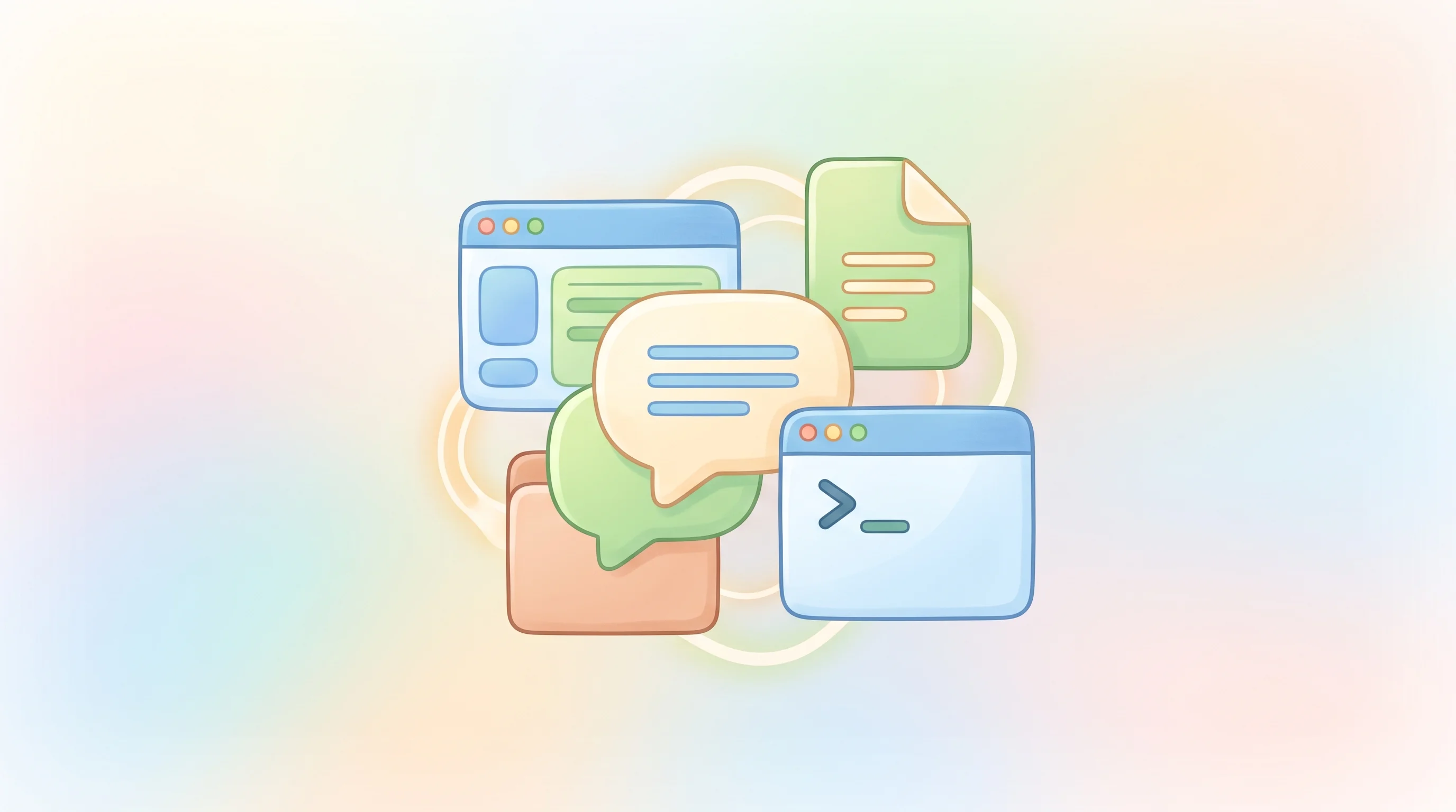 Digital illustration for article section "A Crowding Field" in "Agent FM launches desktop app to manage AI coding agents" - A minimalist, conceptual illustration of a modern digital workspace representing a crowding field of...