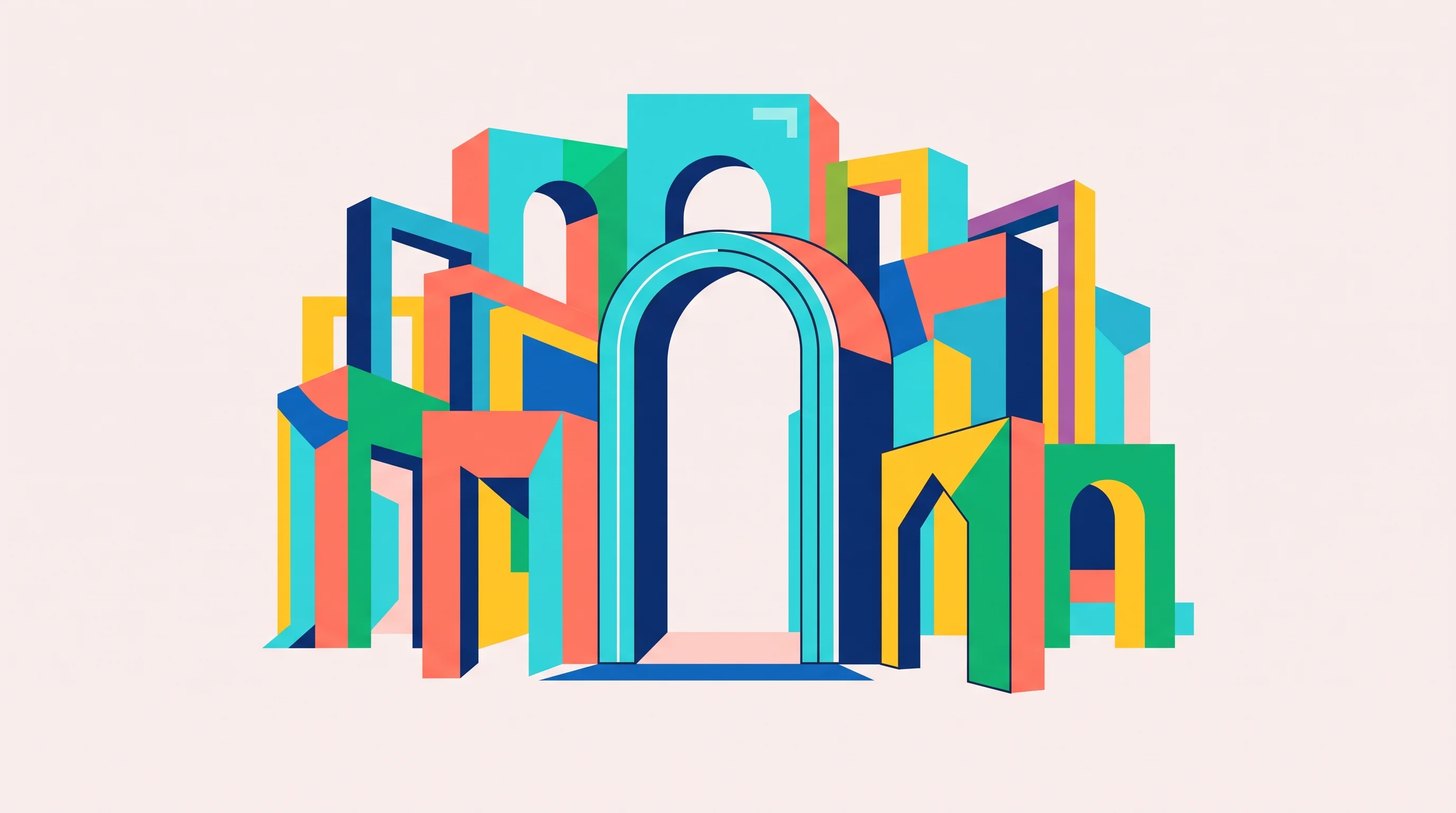 Digital illustration for article section "A Crowded Field Gets More Crowded" in "Executor launches open-source gateway for AI agent tools" - A minimalist, flat digital illustration depicting a crowded landscape of modern, geometric archways ...