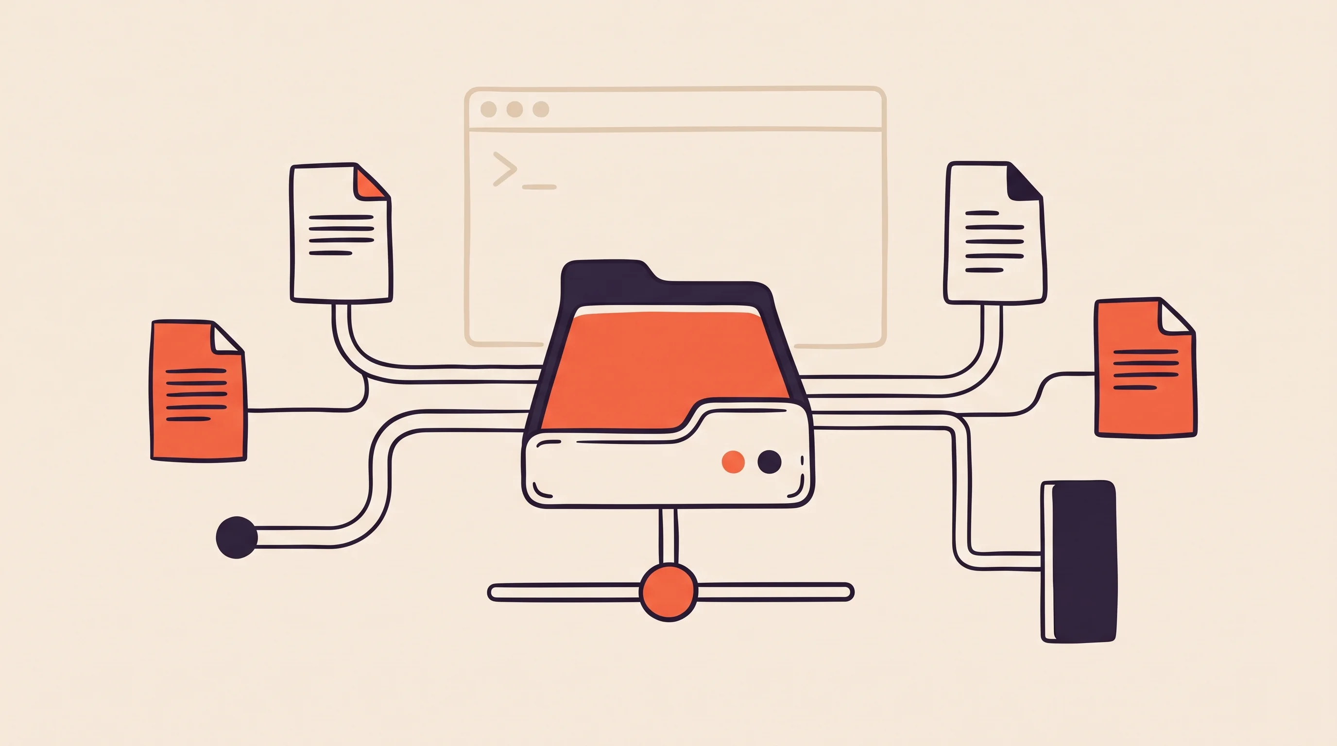 Digital illustration for article section "What Ocean Actually Does" in "Mosaic launches Ocean shared memory for multiplayer AI agents" - A modern minimalist flat illustration representing a connective digital hub, featuring a central, st...
