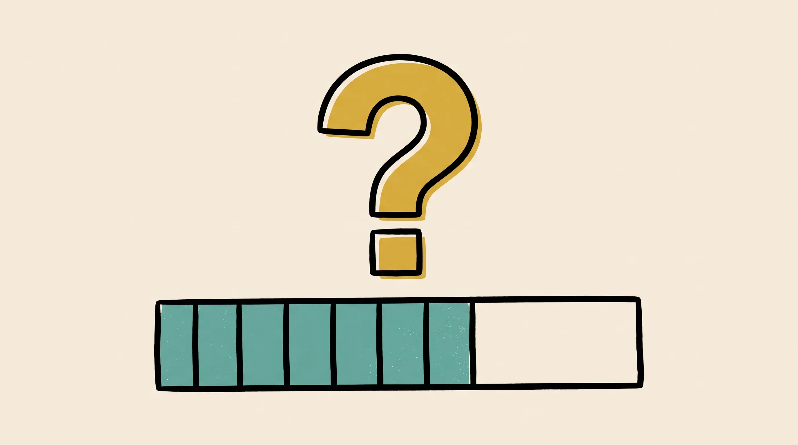 Digital illustration for article section "Unanswered Questions" in "Mosaic launches Ocean shared memory for multiplayer AI agents" - A clean, minimalist conceptual illustration of a large, stylized question mark hovering above a part...